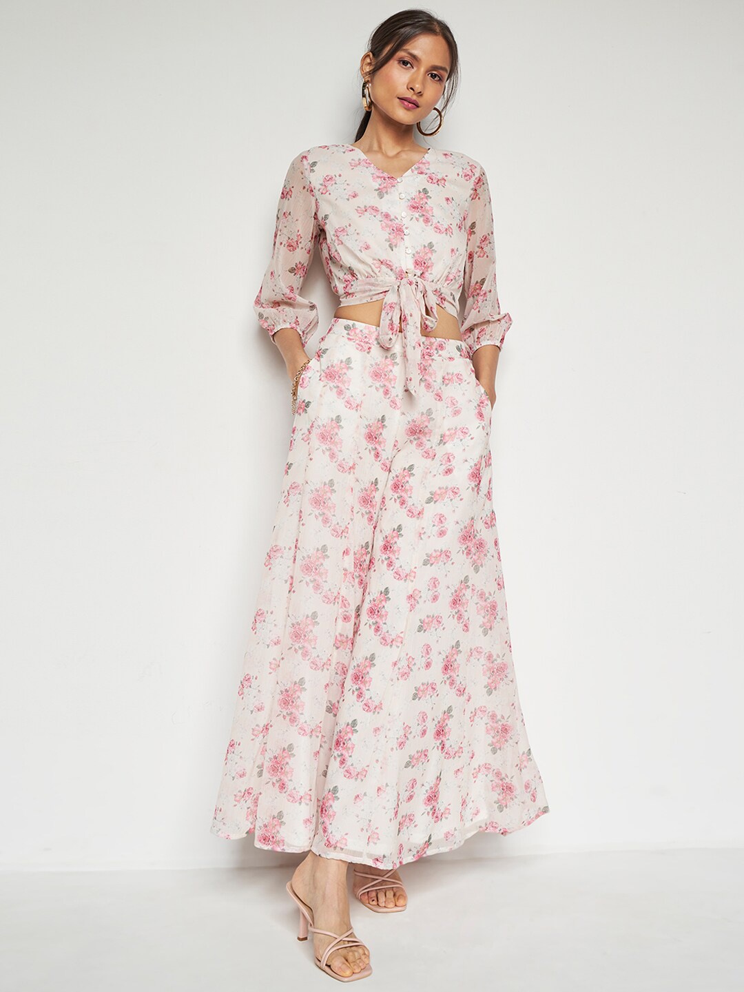 

AND V-Neck Top & Mid-Rise Palazzo Co-Ords, Cream