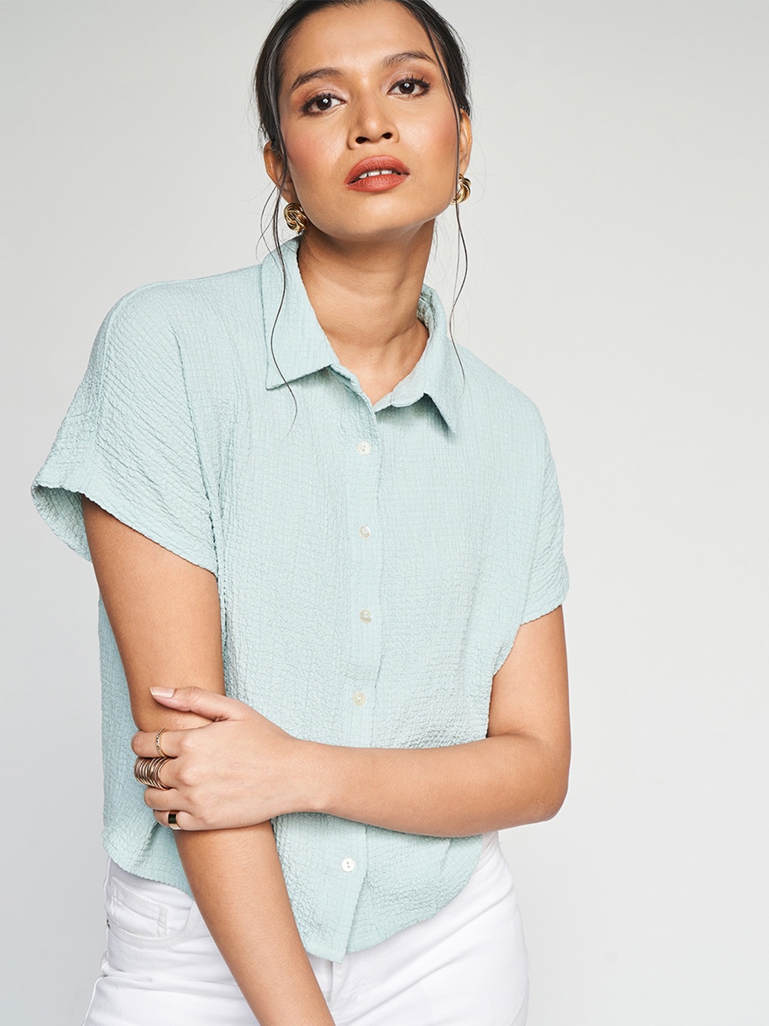 

AND Short Sleeves Cotton Shirt Style Top, Green
