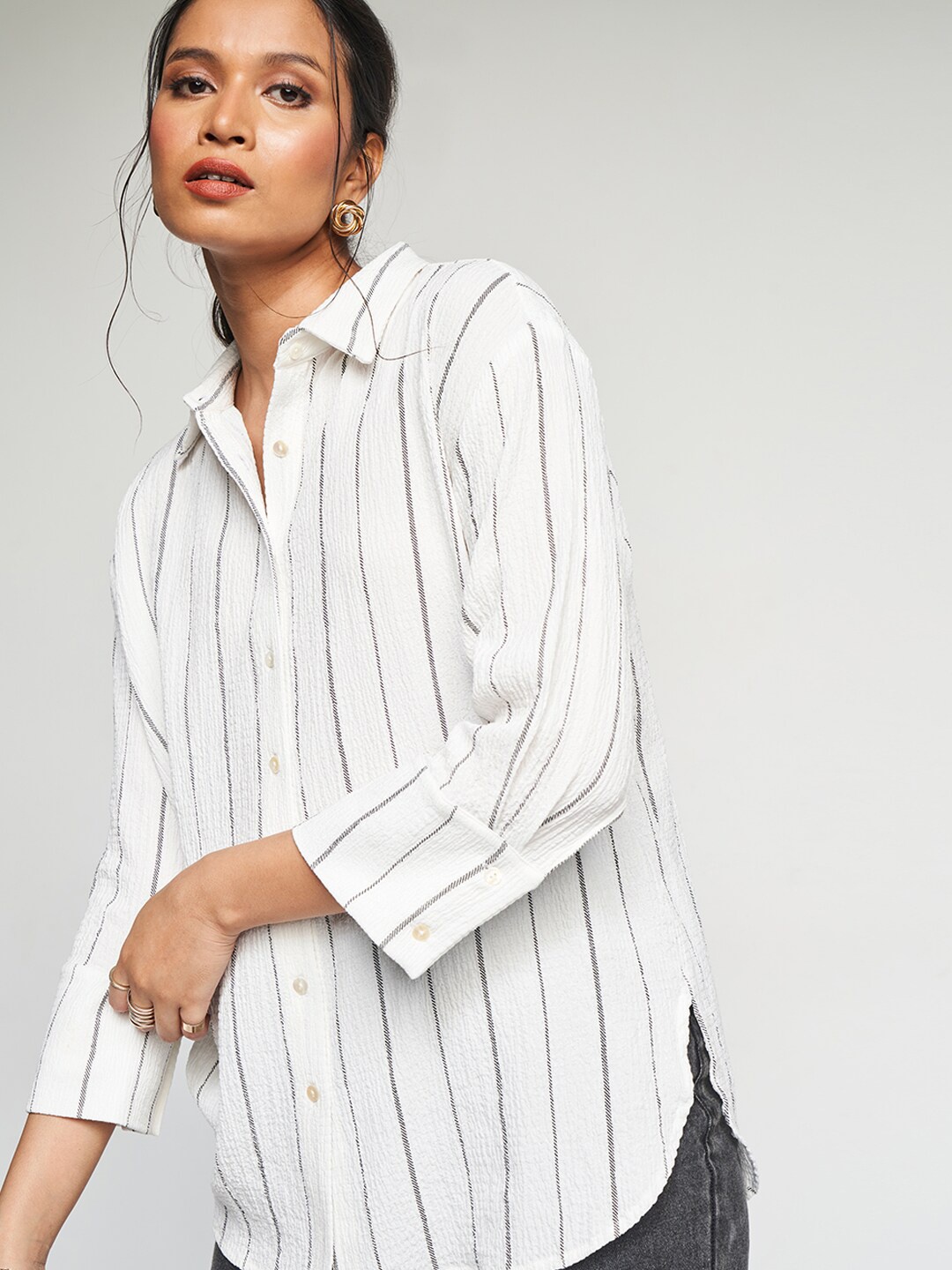 

AND Striped Long Sleeve Cotton Top, White