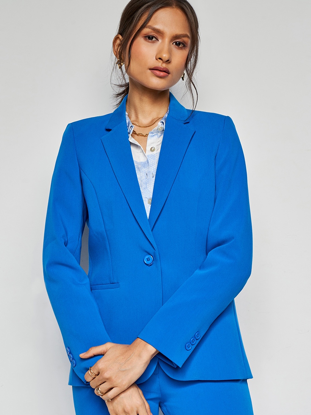 

AND Notched Lapel Long Sleeves Single-Breasted Blazer, Blue