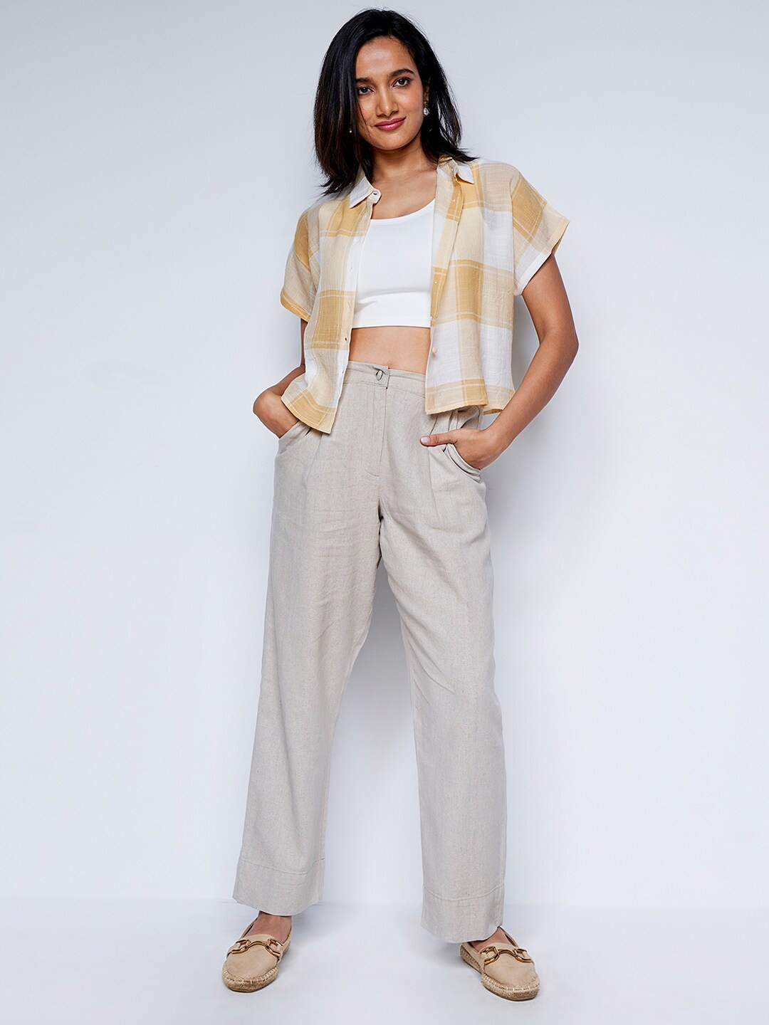 

AND Checked Shirt Collar Extended Sleeves Top, Yellow