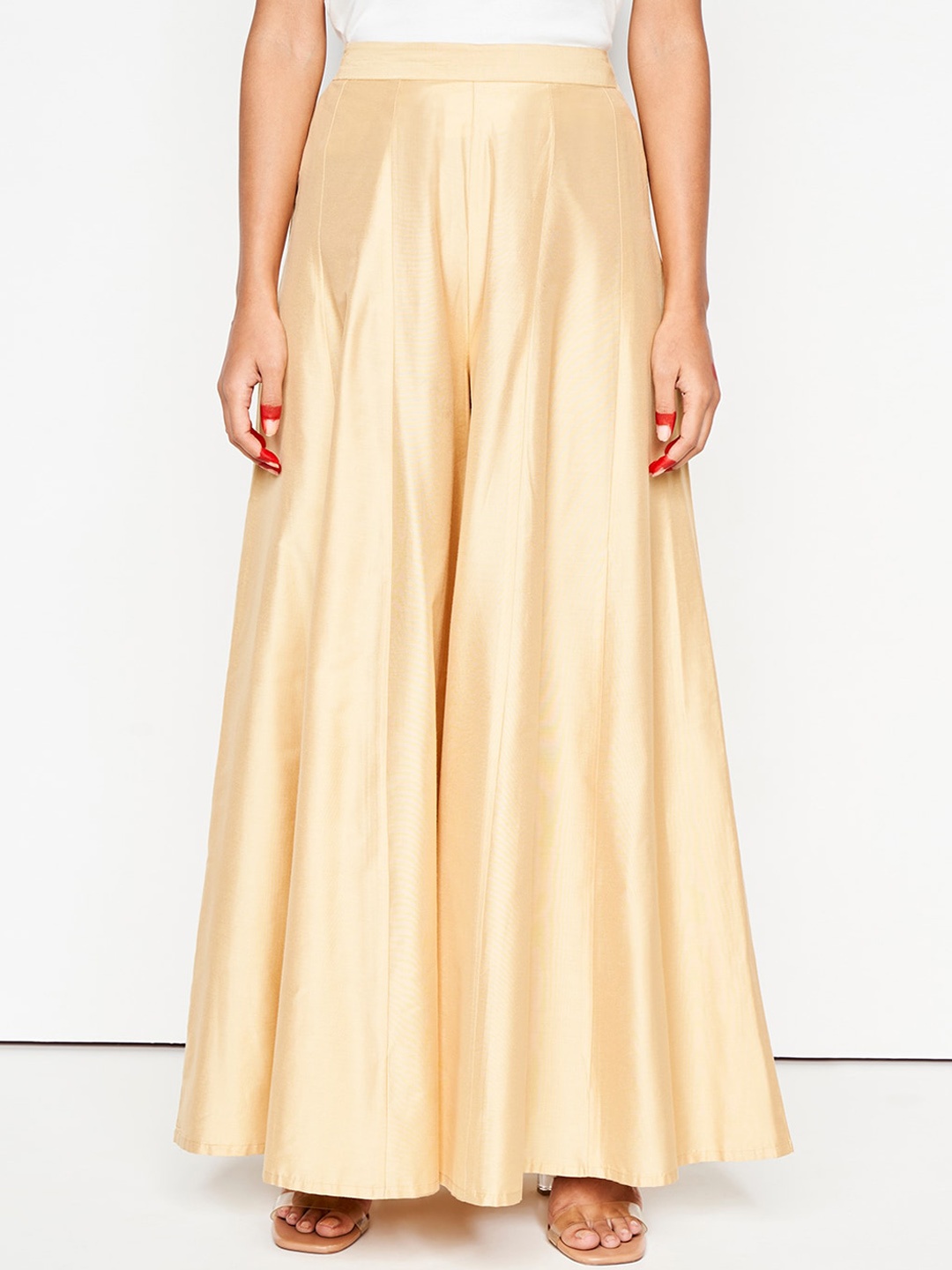 

Global Desi Women Flared Pleated Trousers, Gold