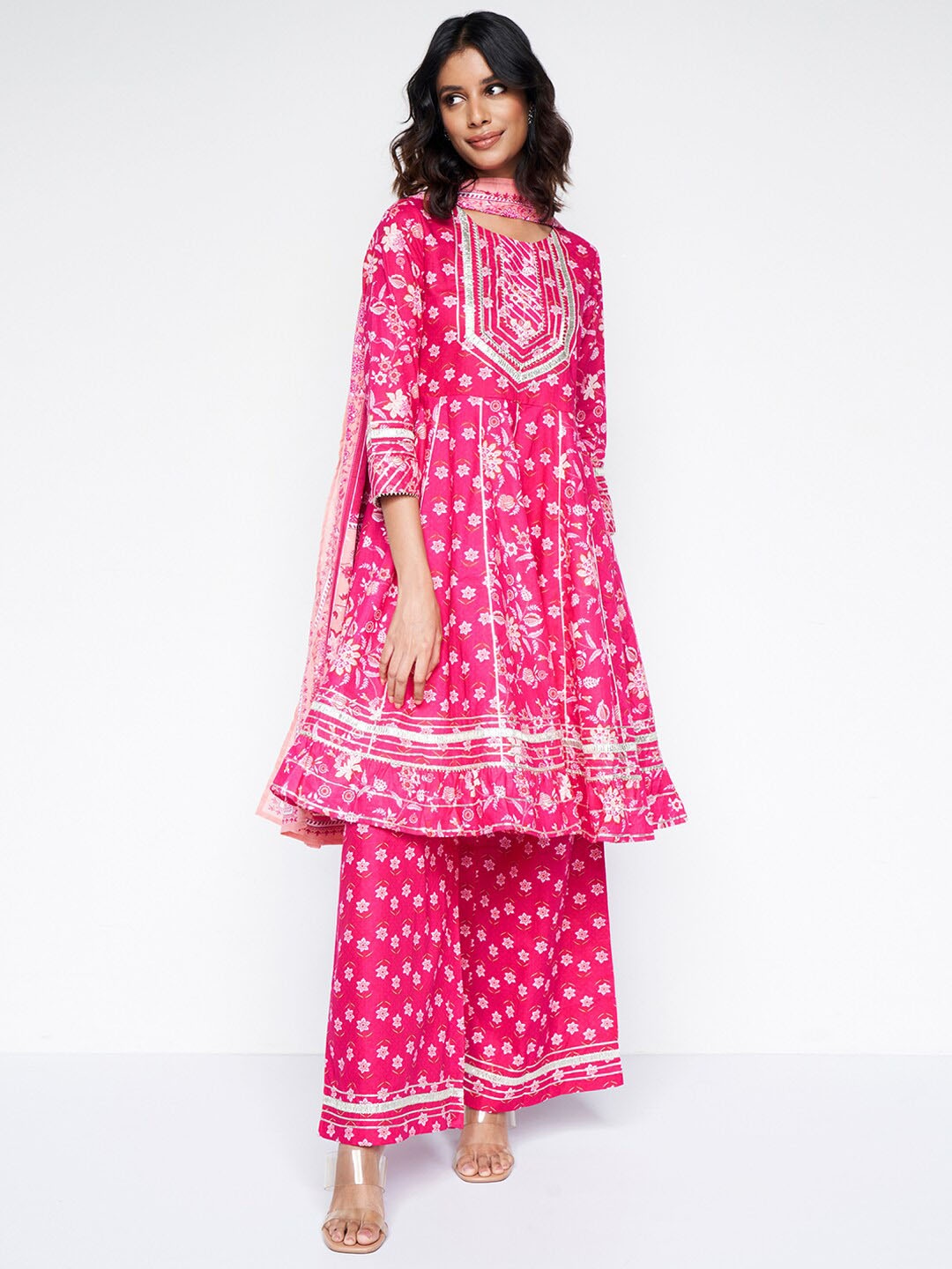 

Global Desi Floral Printed Pure Cotton Kurti with Palazzos & With Dupatta, Pink