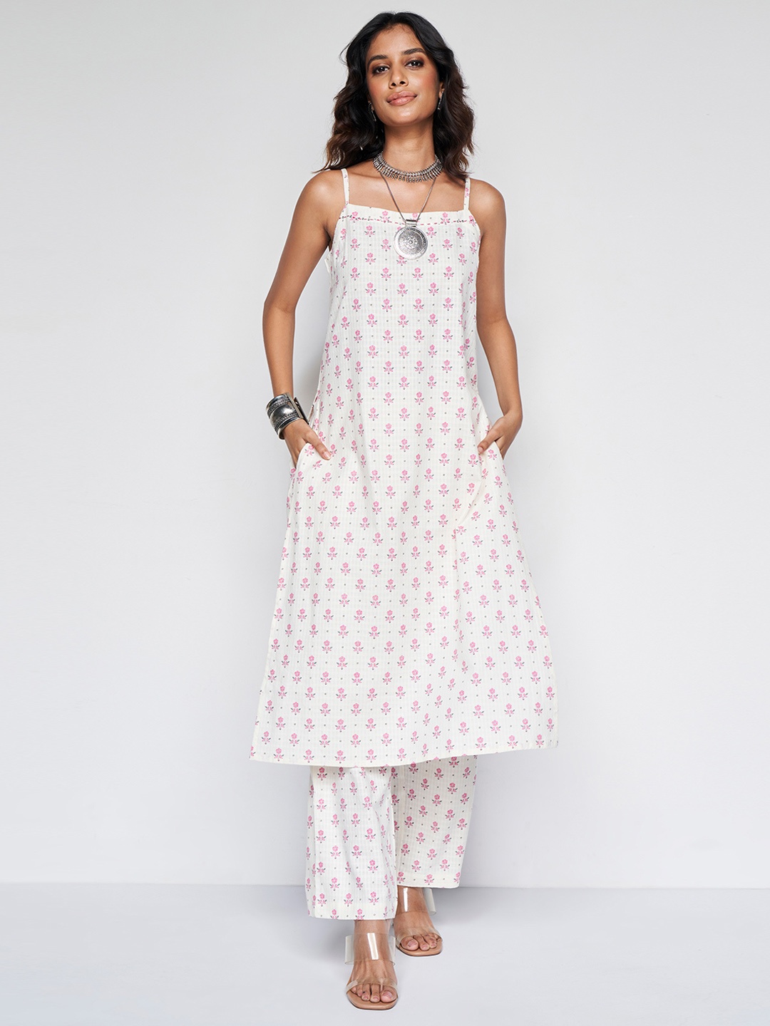 

Global Desi Floral Printed Shoulder Straps A-Line Kurta with Palazzos, Off white