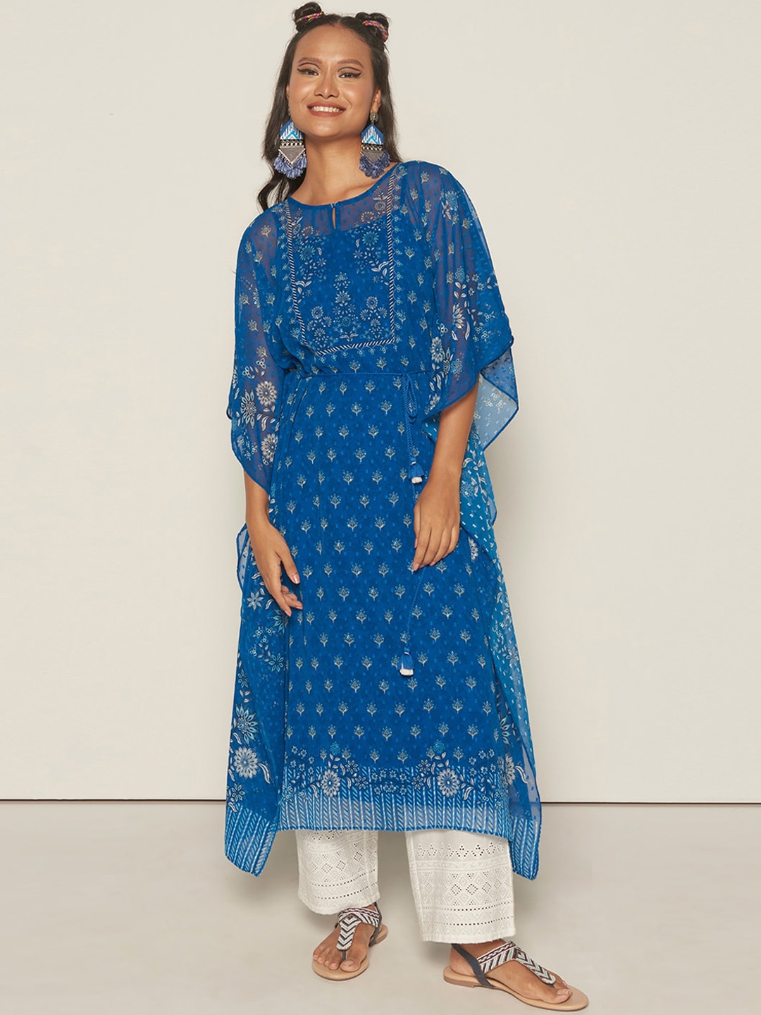 

Global Desi Ethnic Motifs Printed Keyhole Neck Kaftan Kurta, Blue