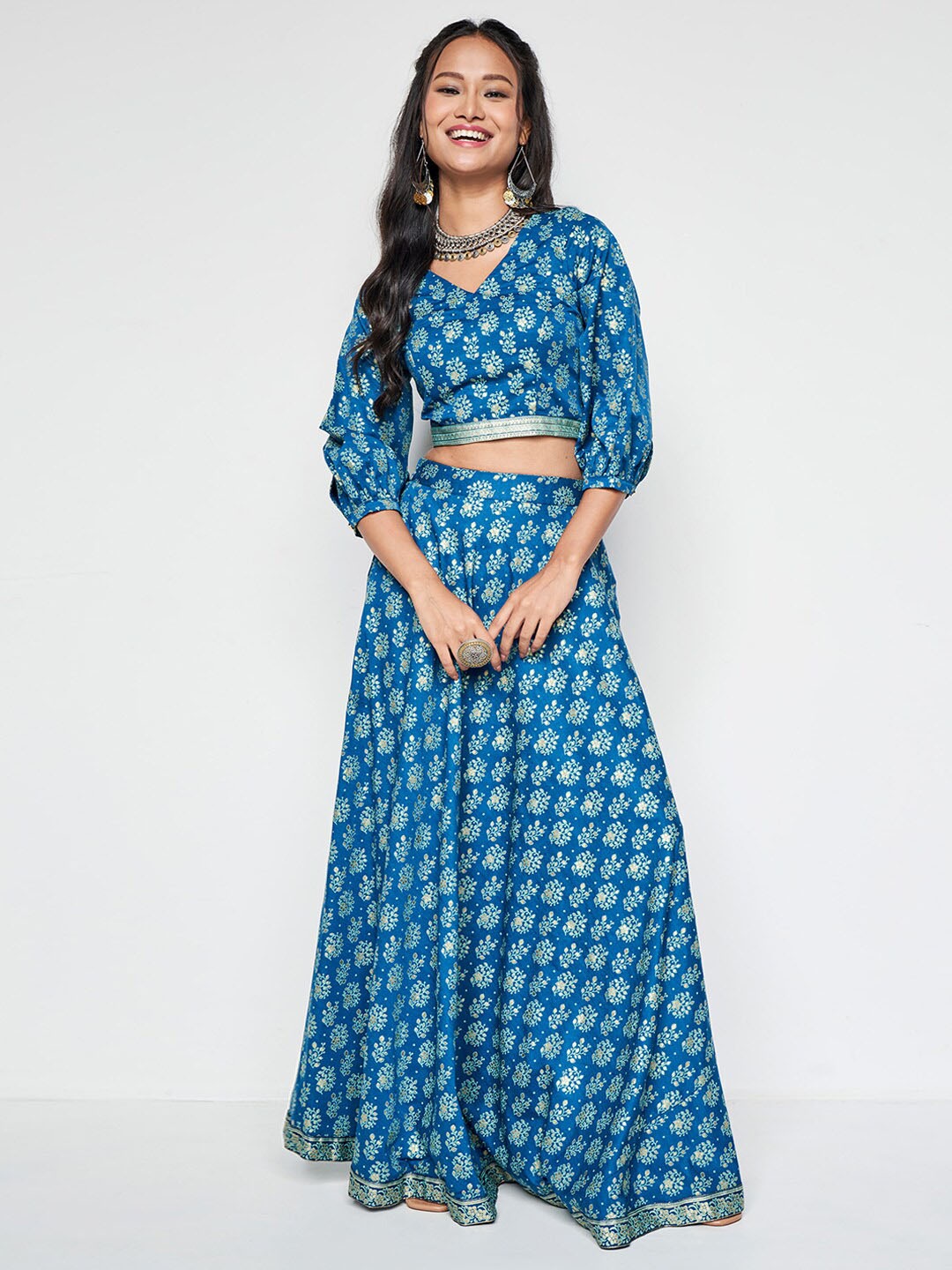 

Global Desi Printed Lehenga & Choli, Teal