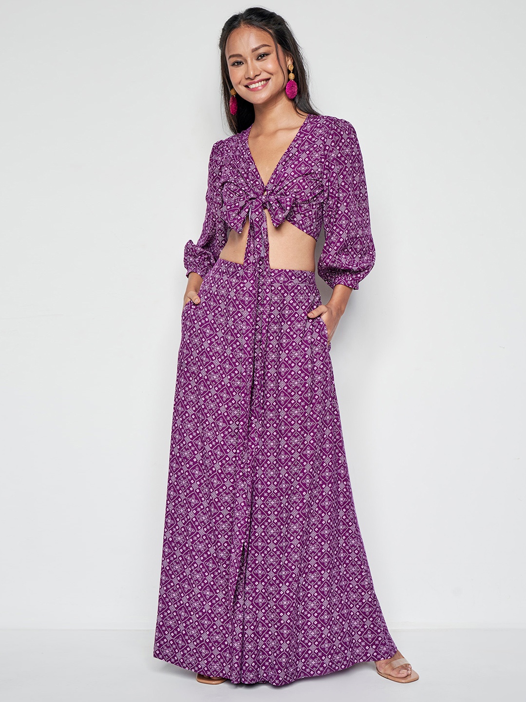 

Global Desi Printed V-Neck Top with Mid-Rise Palazzo, Purple