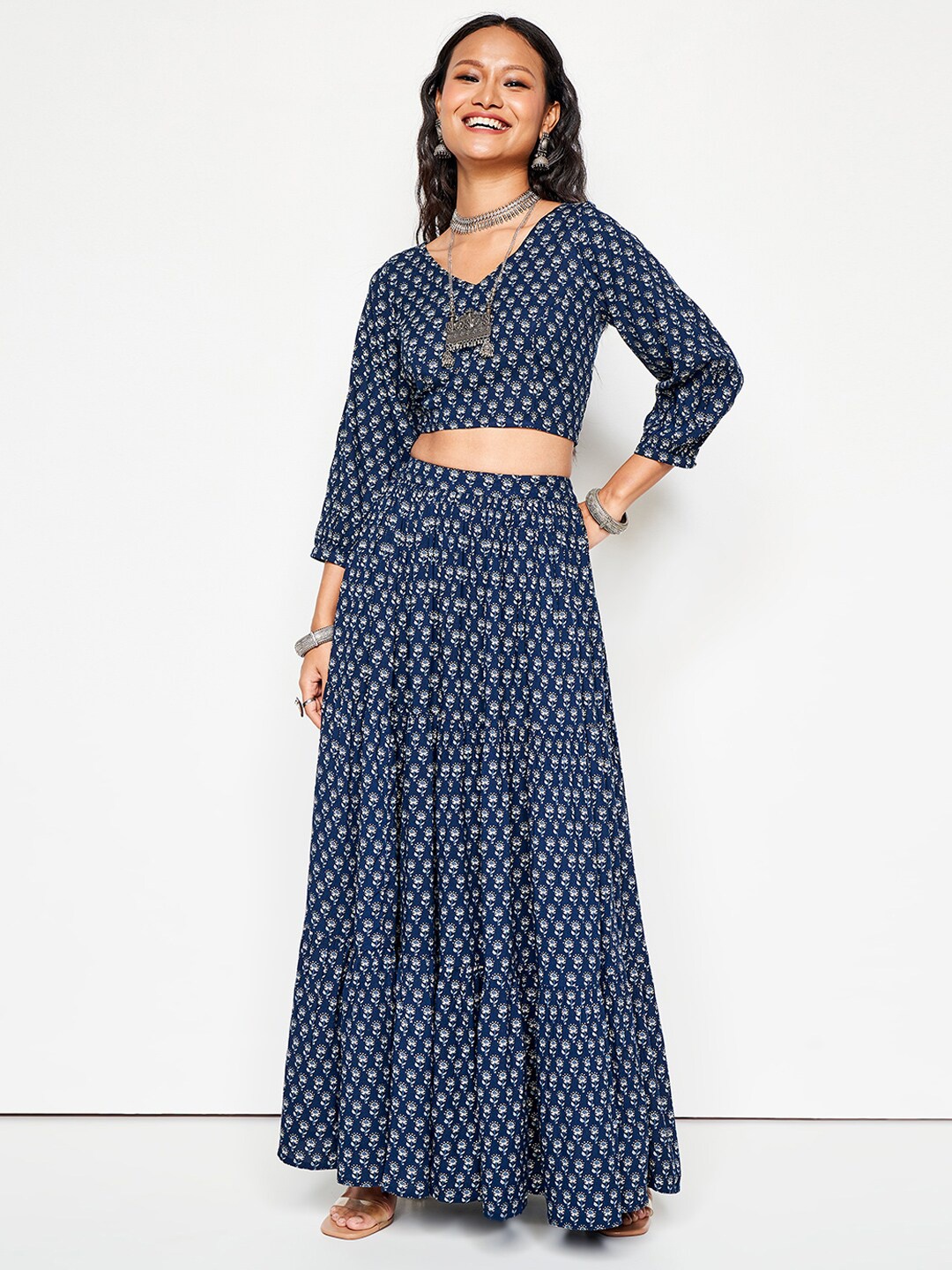 

Global Desi Printed Lehenga & Choli, Navy blue