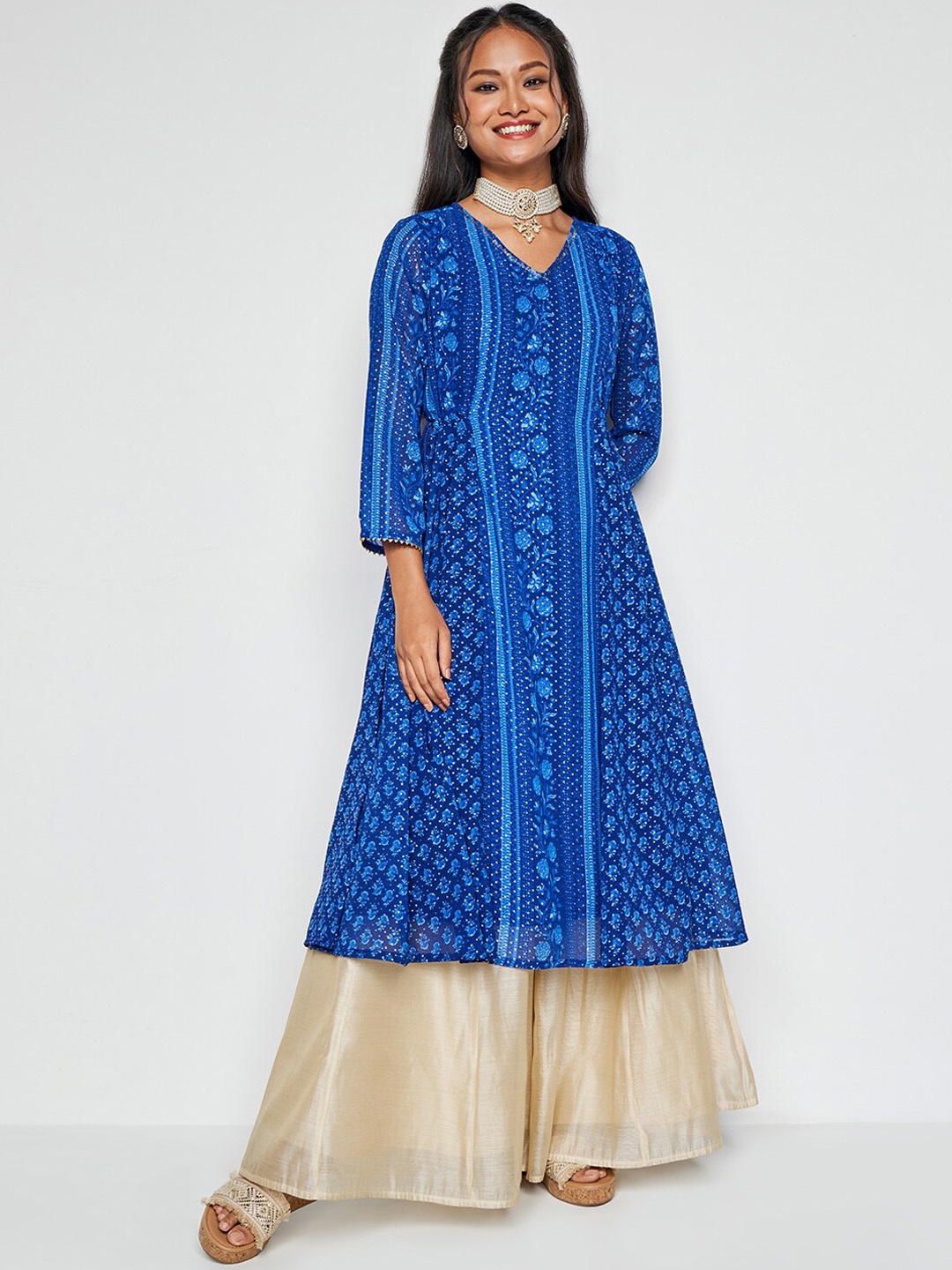 

Global Desi Ethnic Motifs Printed Panelled A-Line Kurta, Blue