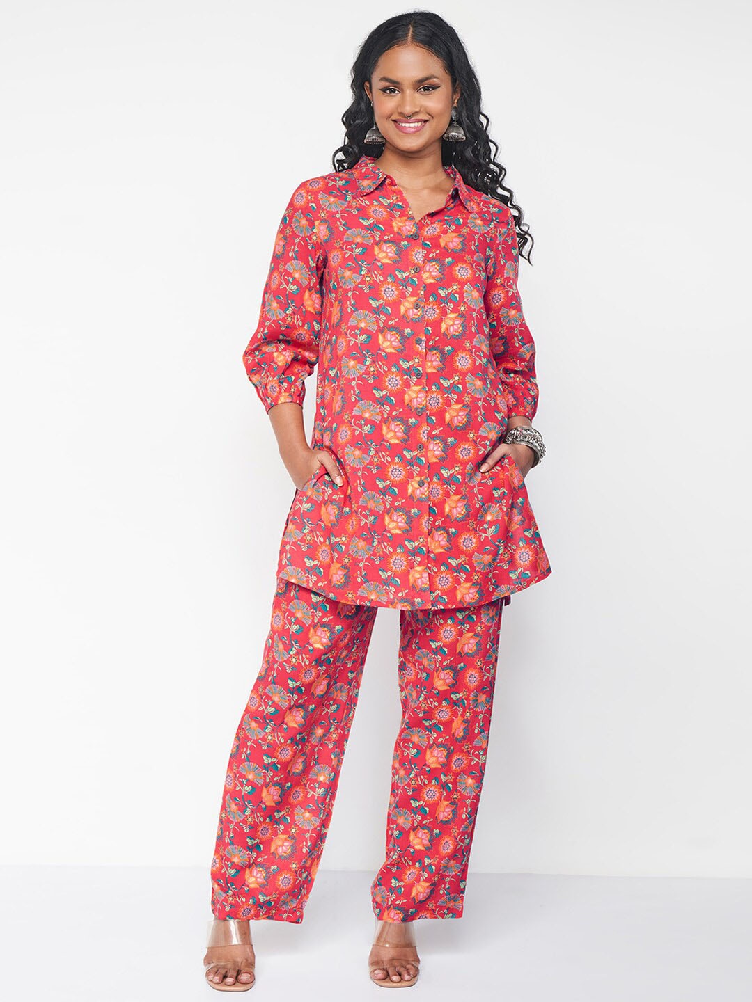 

Global Desi Collar Neck Shirt & Mid -Rise Trouser Co-Ords, Red