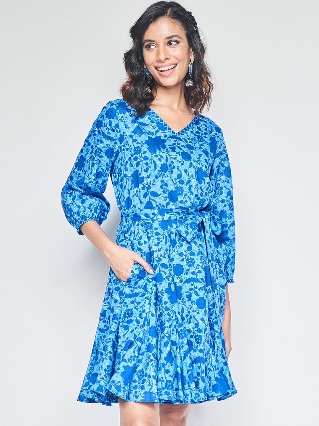 

Global Desi pure cotton Floral Printed V-Neck Gathered Fit & Flare Dress, Blue