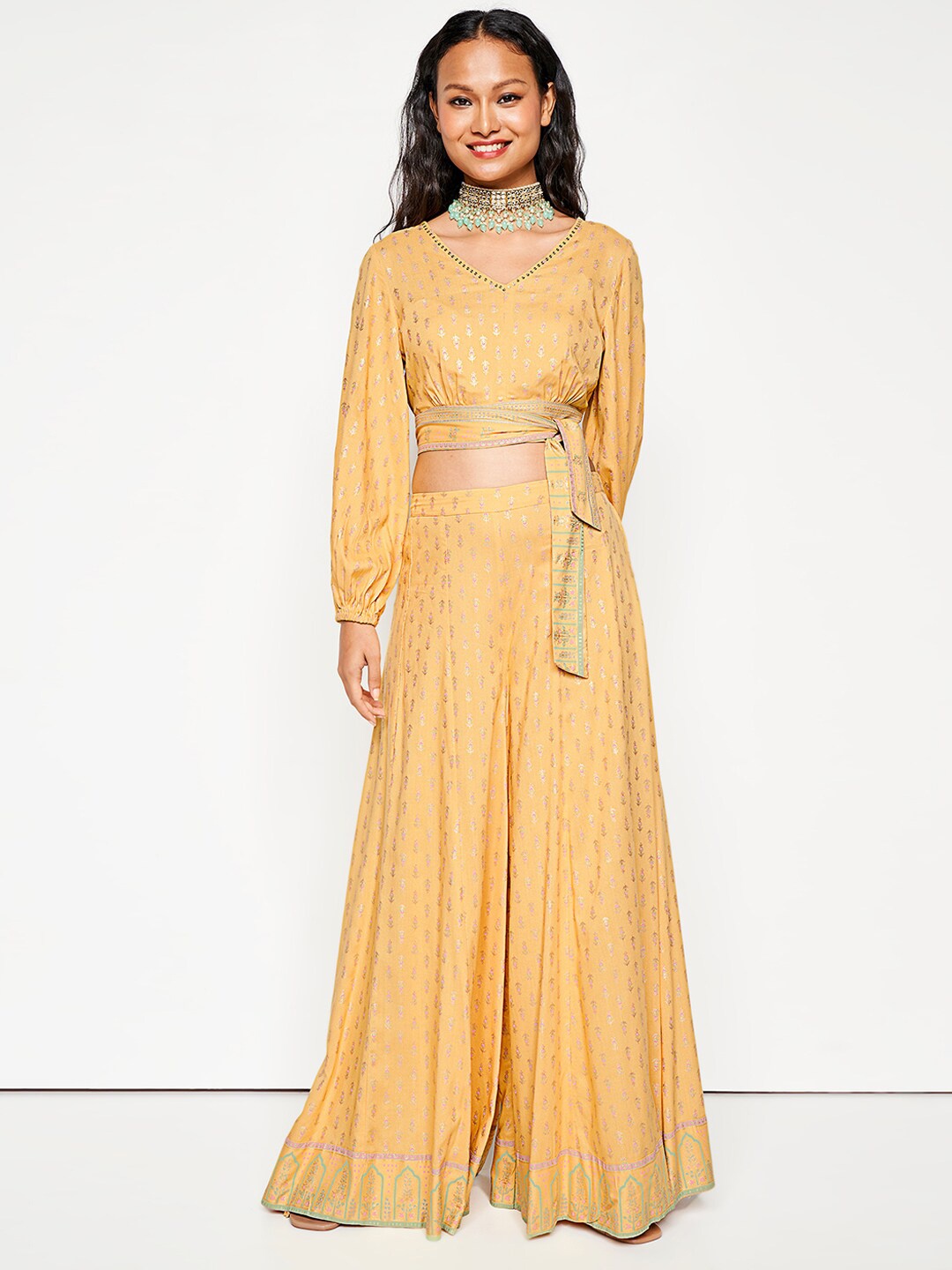 

Global Desi V-Neck Top & Mid -Rise Palazzo Co-Ords, Mustard