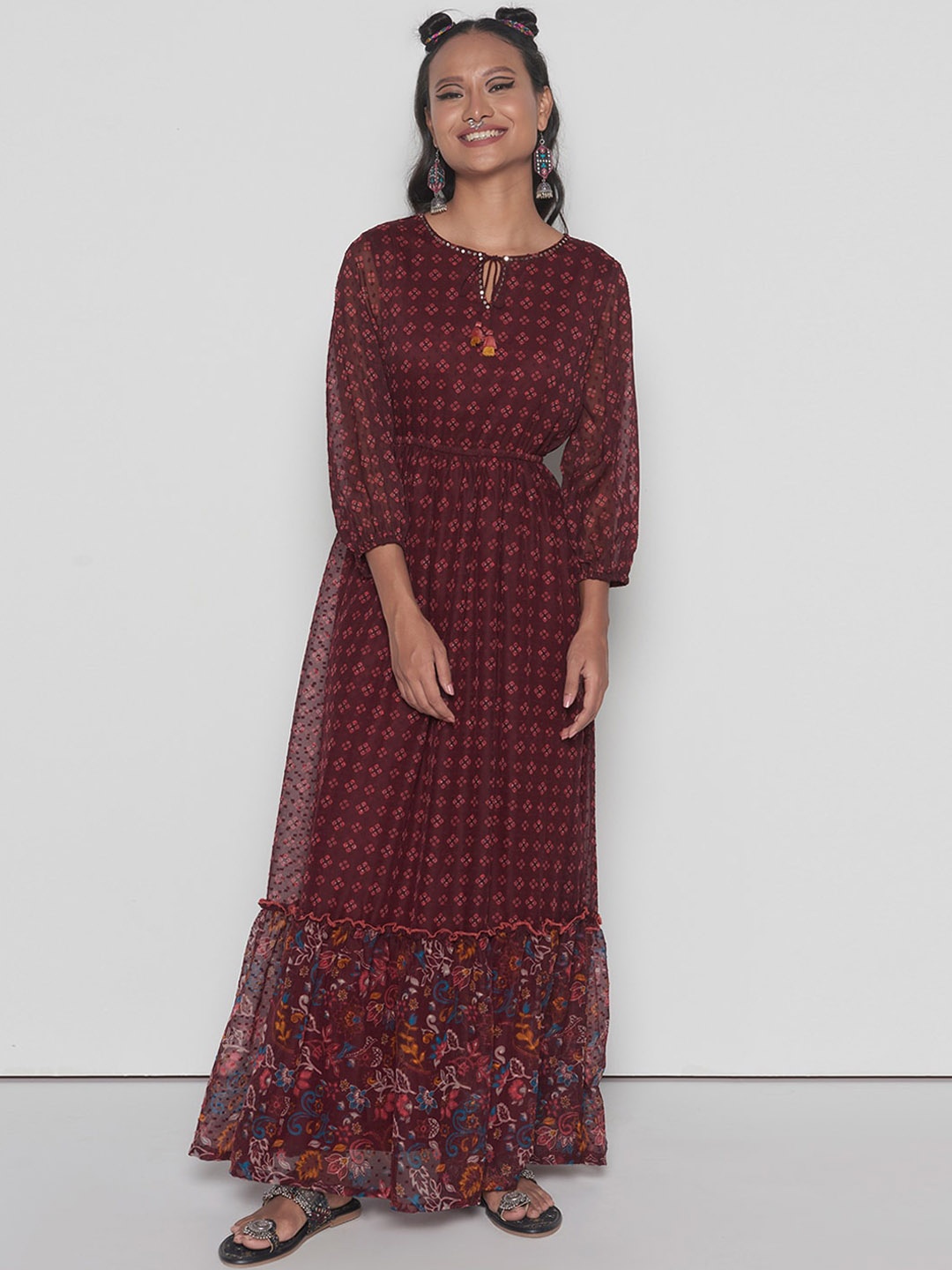 

Global Desi Floral Printed Maxi Ethnic Dresses, Maroon