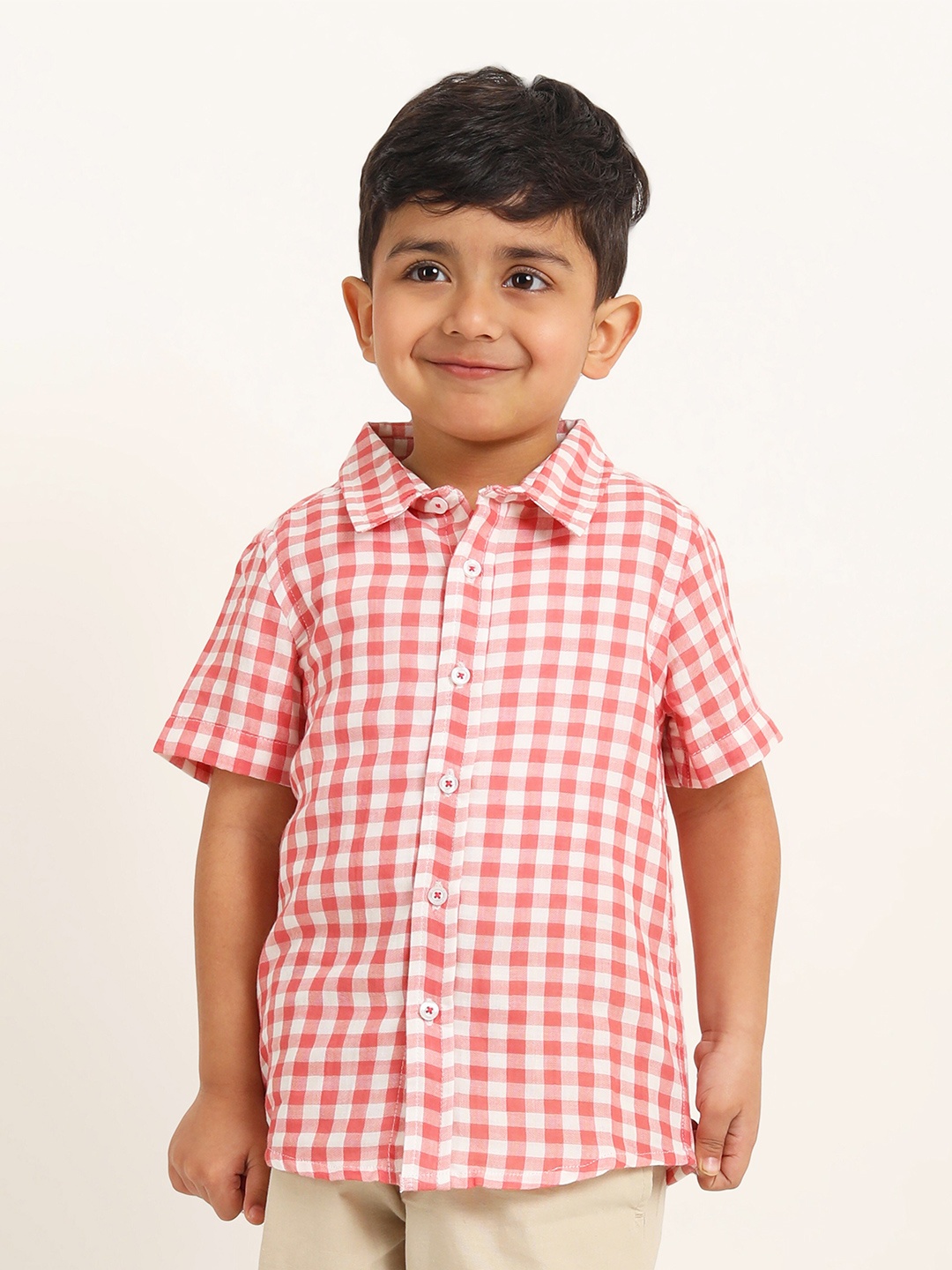 

Campana Boys Gingham Checks Opaque Checked Cotton Casual Shirt, Red