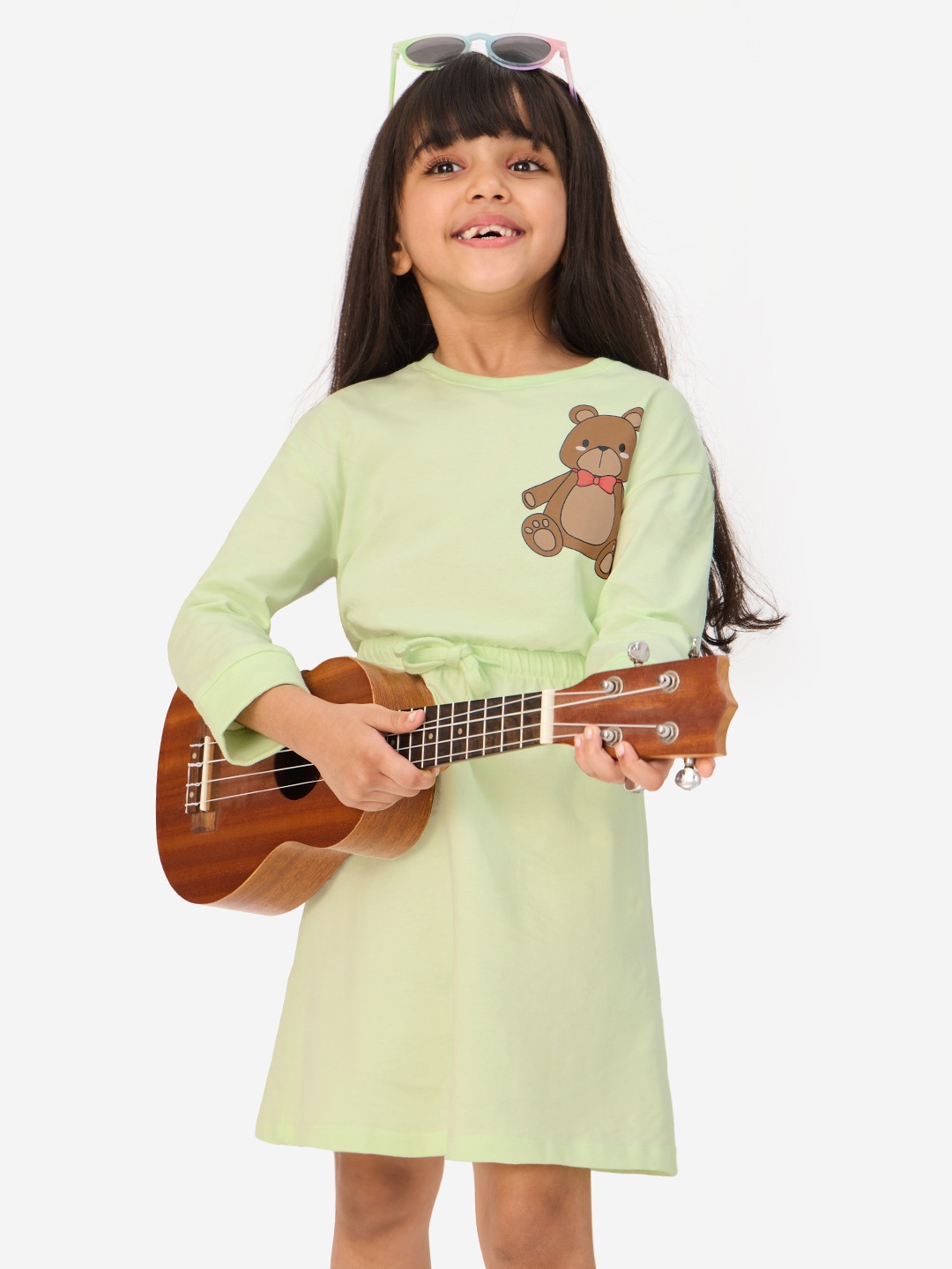 

The Souled Store Girls Green Graphic Printed Bow Pure Cotton Fit & Flare Dress