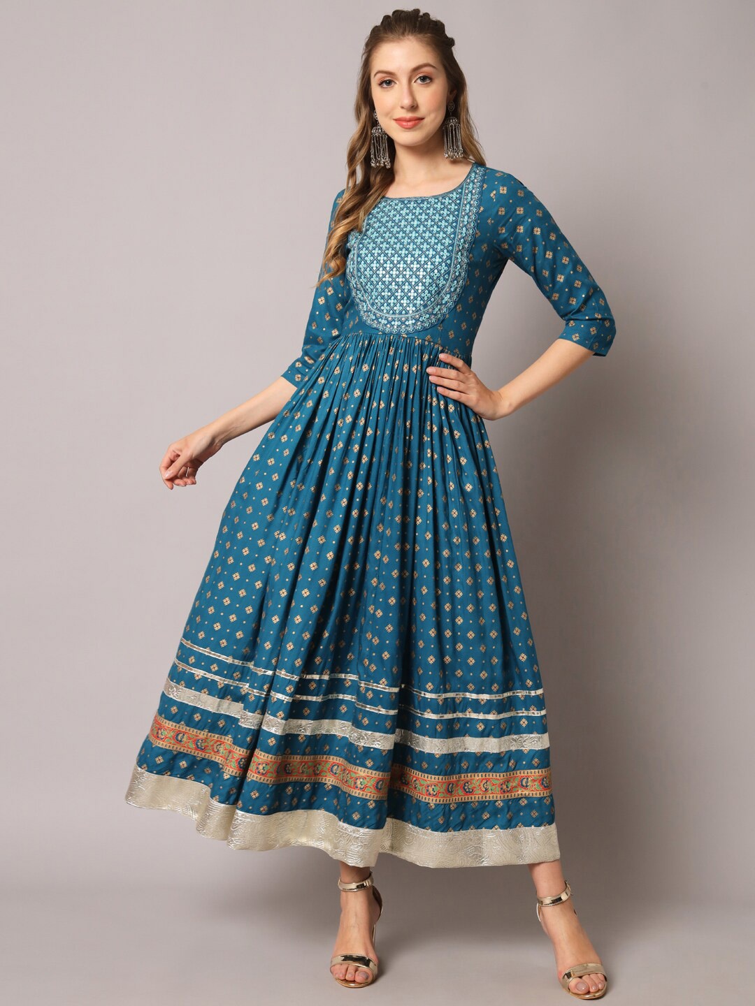 

KALINI Ethnic Motifs Printed Mirror Work Anarkali Kurta, Blue