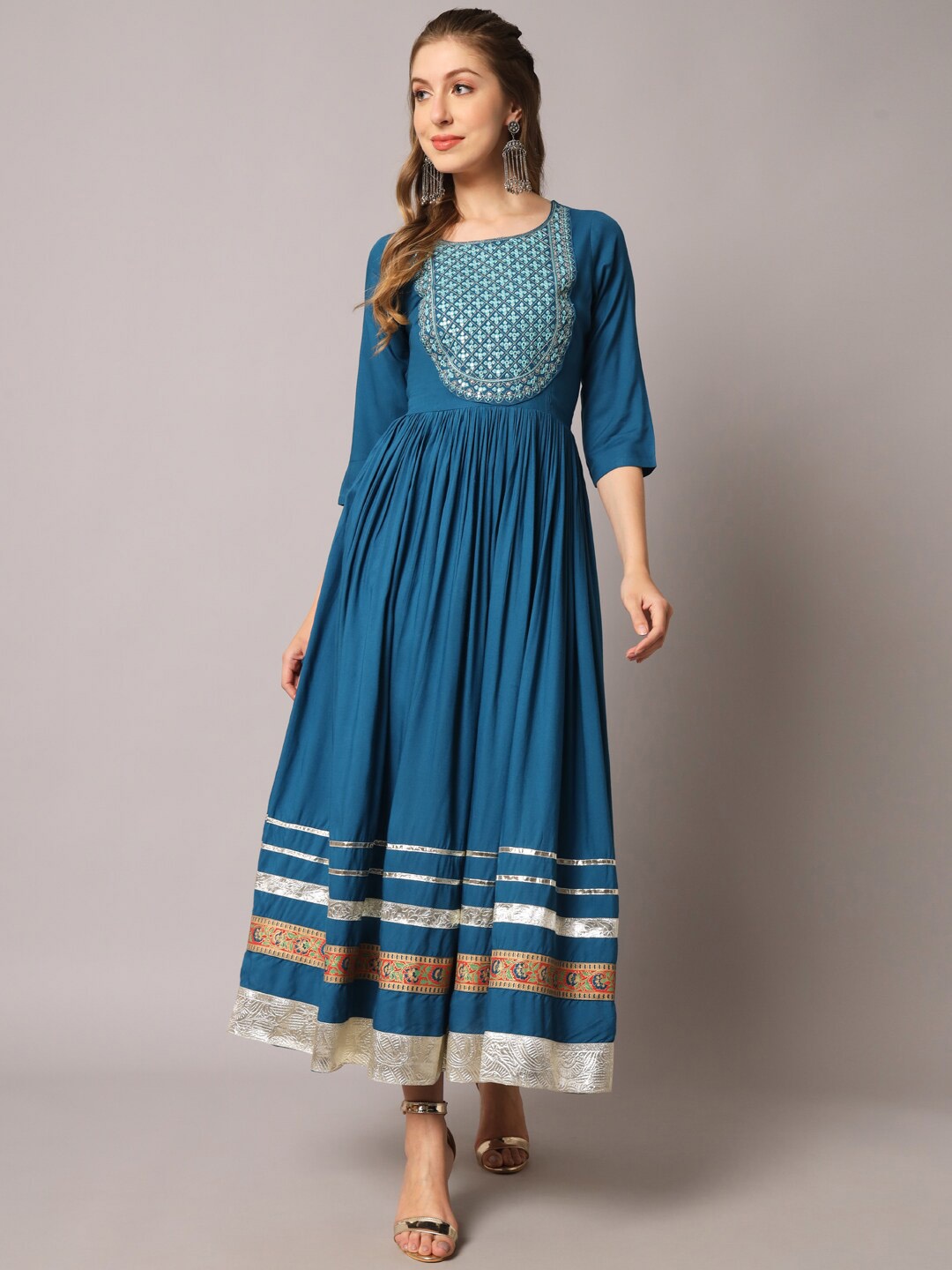 

KALINI Ethnic Motifs Yoke Design Thread Work Anarkali Kurta, Blue
