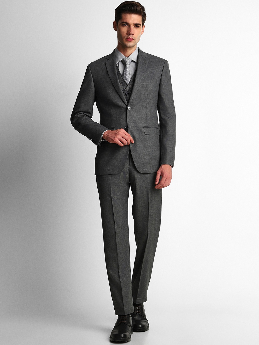 

Louis Philippe Self-Design Slim-Fit Single-Breasted Three-Piece Suit, Grey