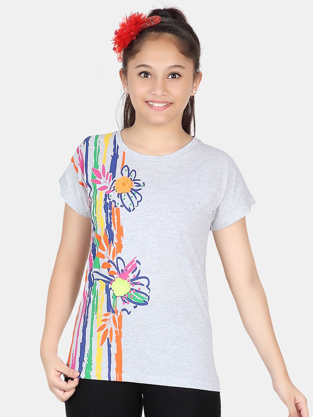

BAESD Girls Abstract Printed Extended Sleeves Slim Fit Pure Cotton T-shirt, Grey