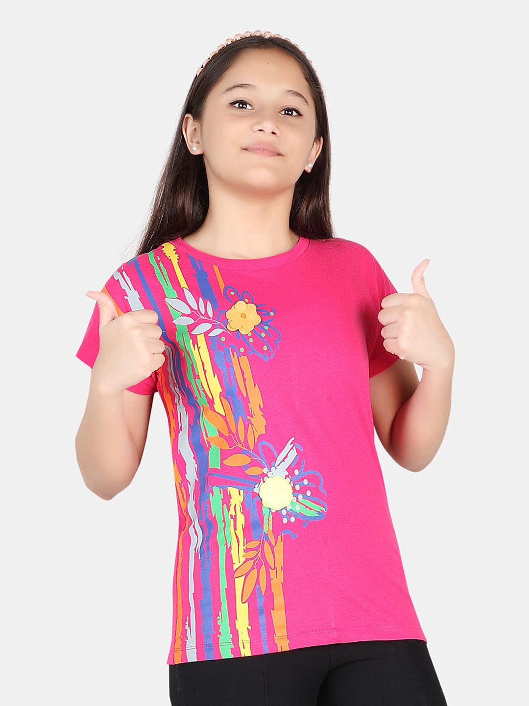 

BAESD Girls Abstract Printed Extended Sleeves Slim Fit Pure Cotton T-shirt, Pink
