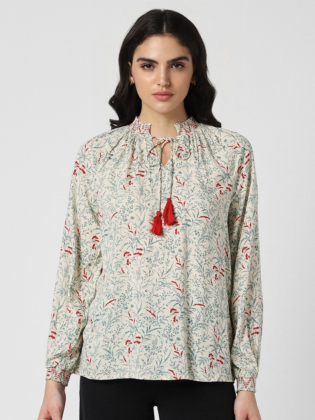 

Van Heusen Woman Floral Printed Tie-Up Neck Top, Cream