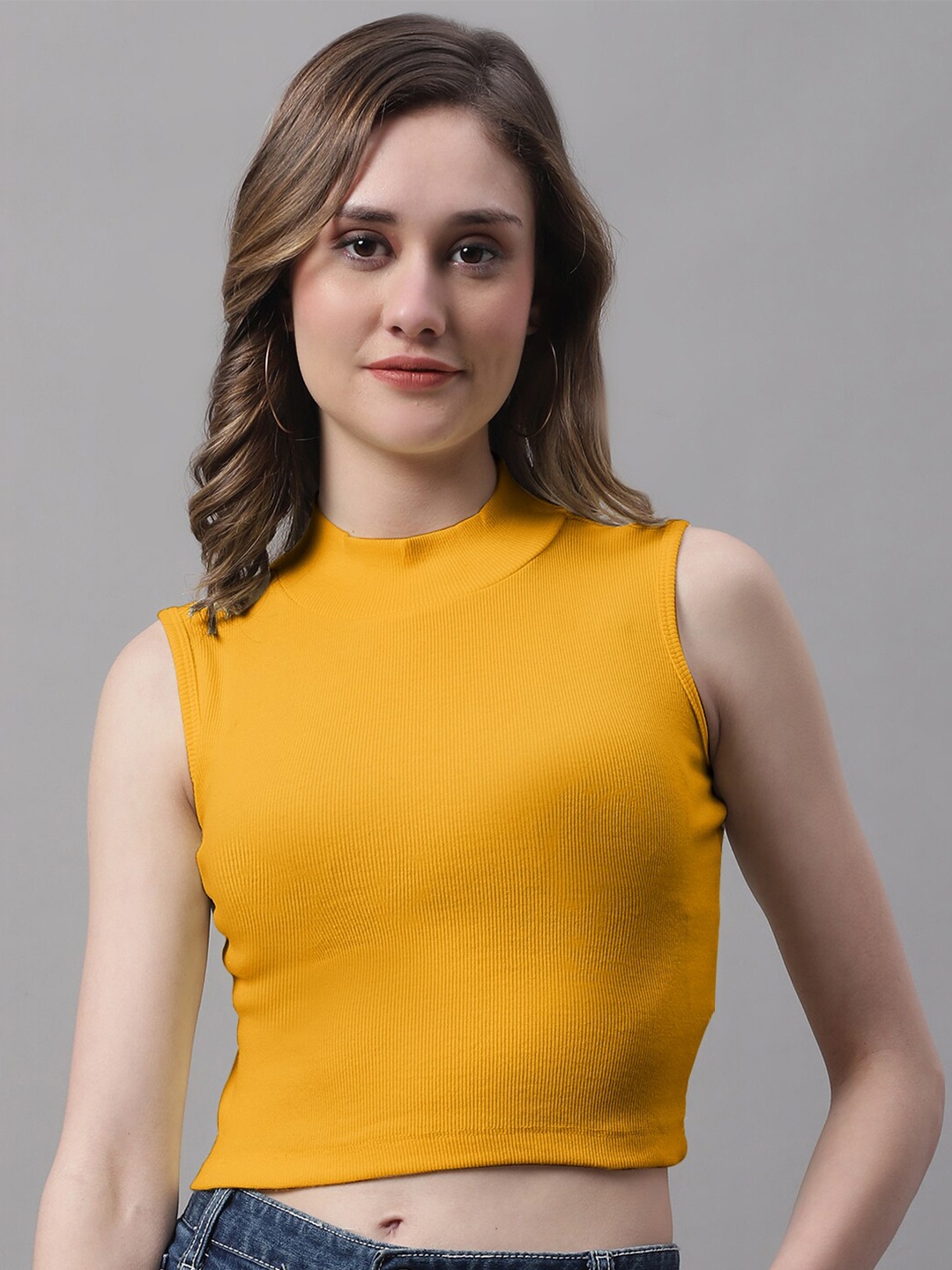 

FBAR High Neck Sleeveless Cotton Fitted Crop Top, Mustard