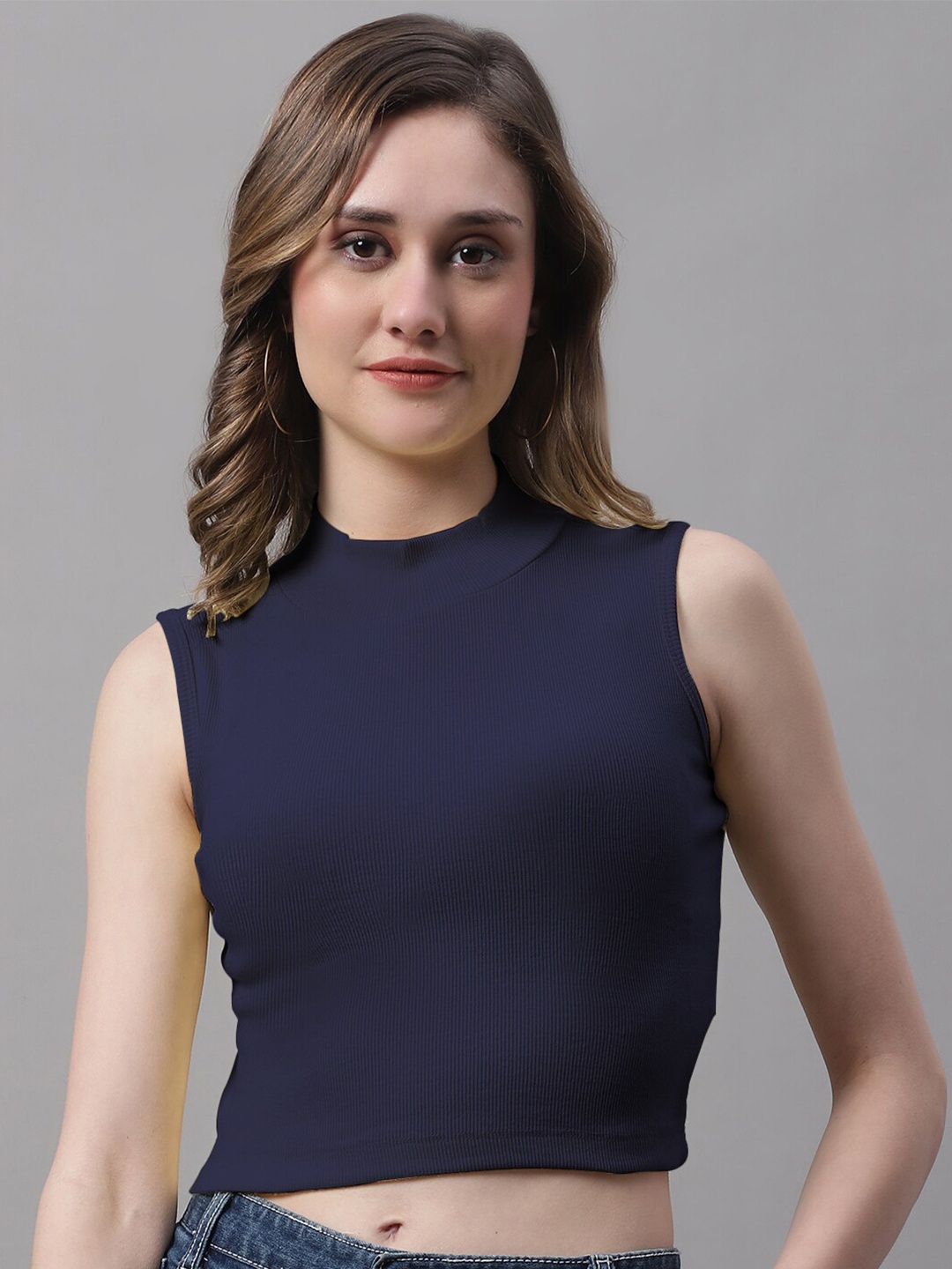 

FBAR High Neck Sleeveless Cotton Fitted Crop Top, Navy blue