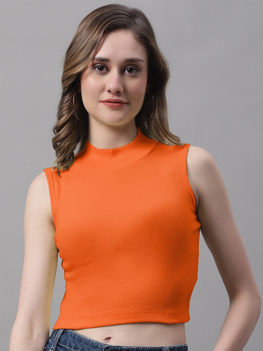 

FBAR High Neck Sleeveless Cotton Fitted Crop Top, Orange