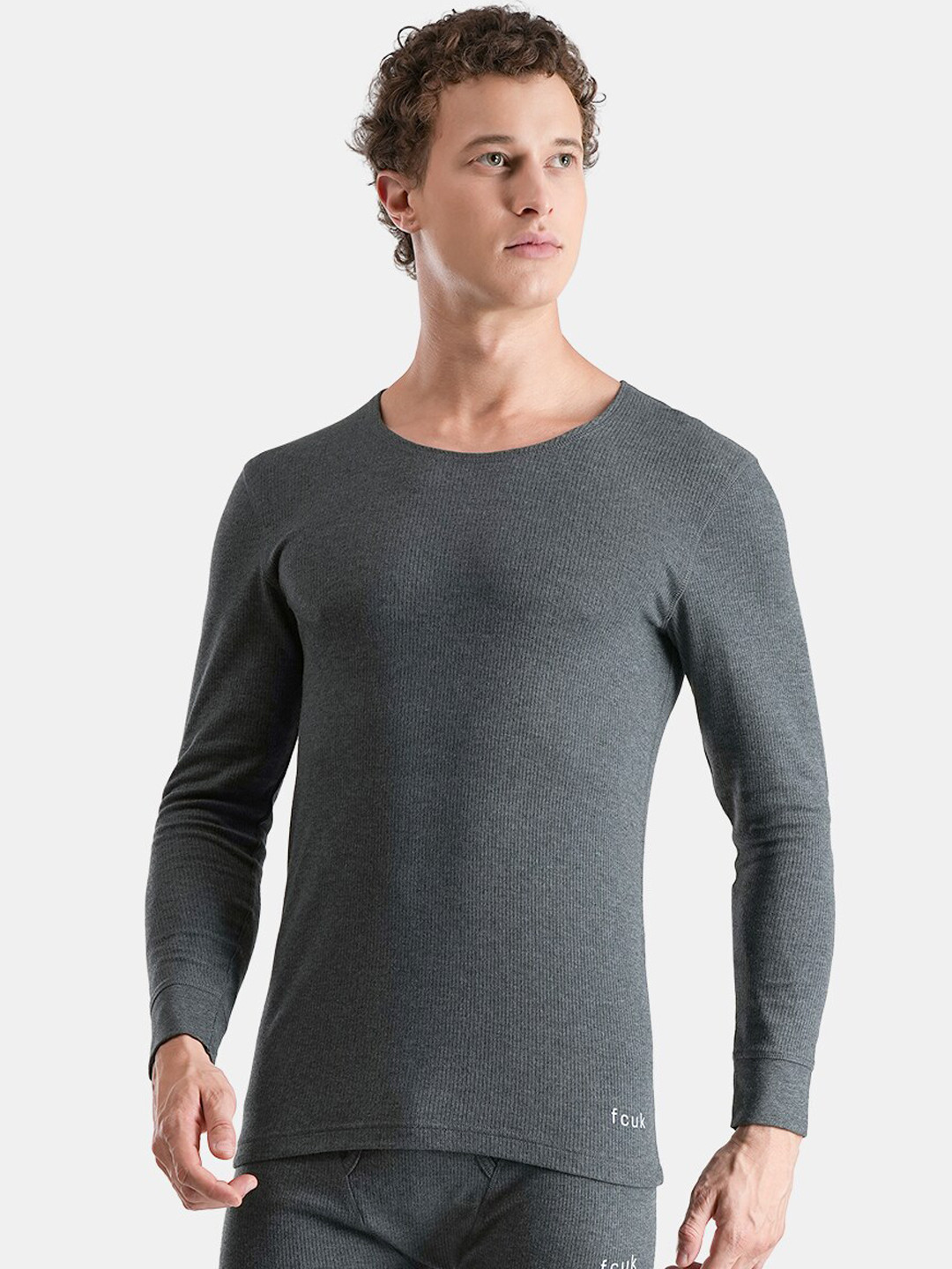 

FCUK Ribbed Full Sleeves Thermal Top, Grey melange