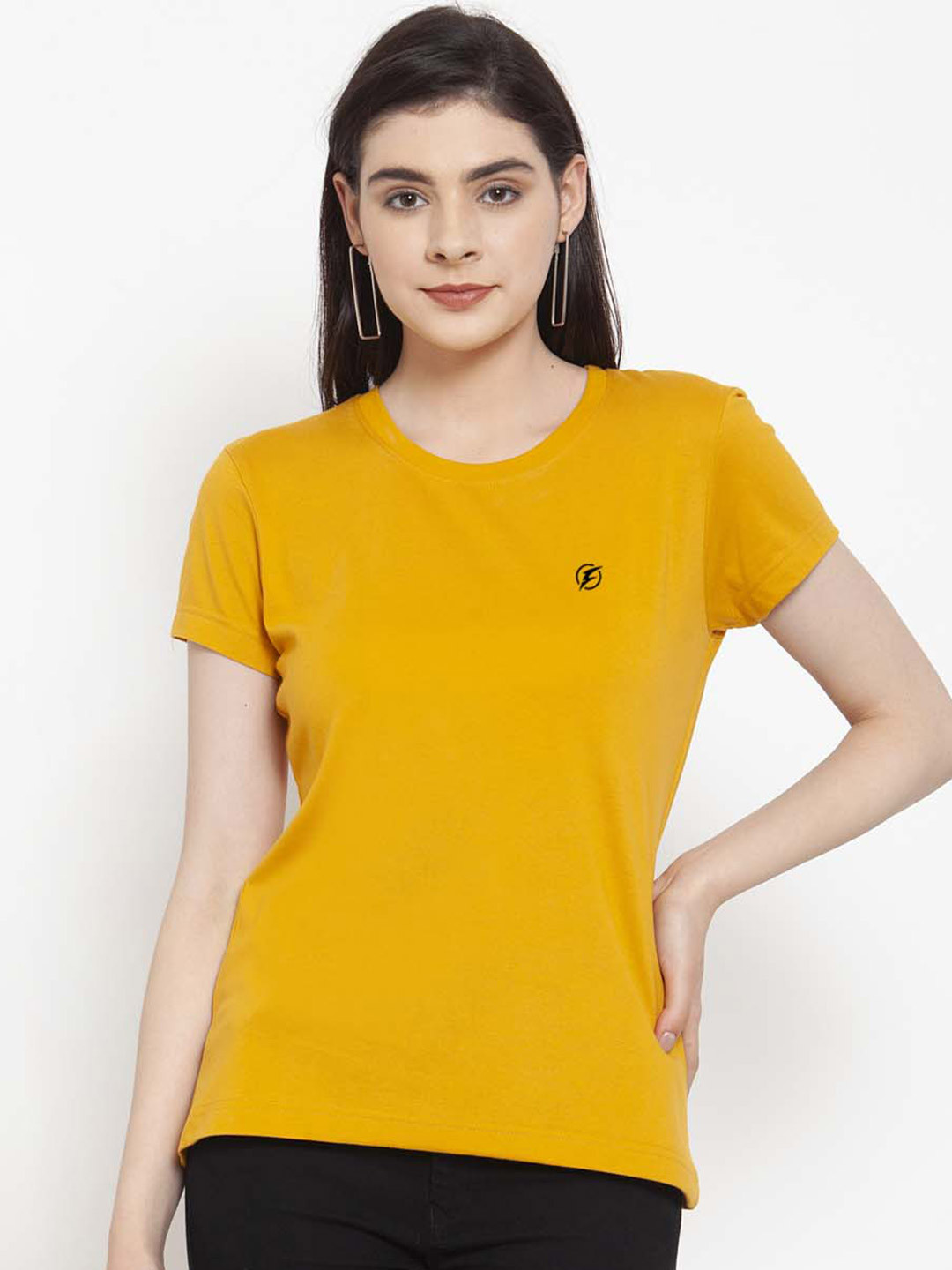 

Friskers Slim Fit Round Neck Short Sleeves Cotton Casual Tshirt, Mustard