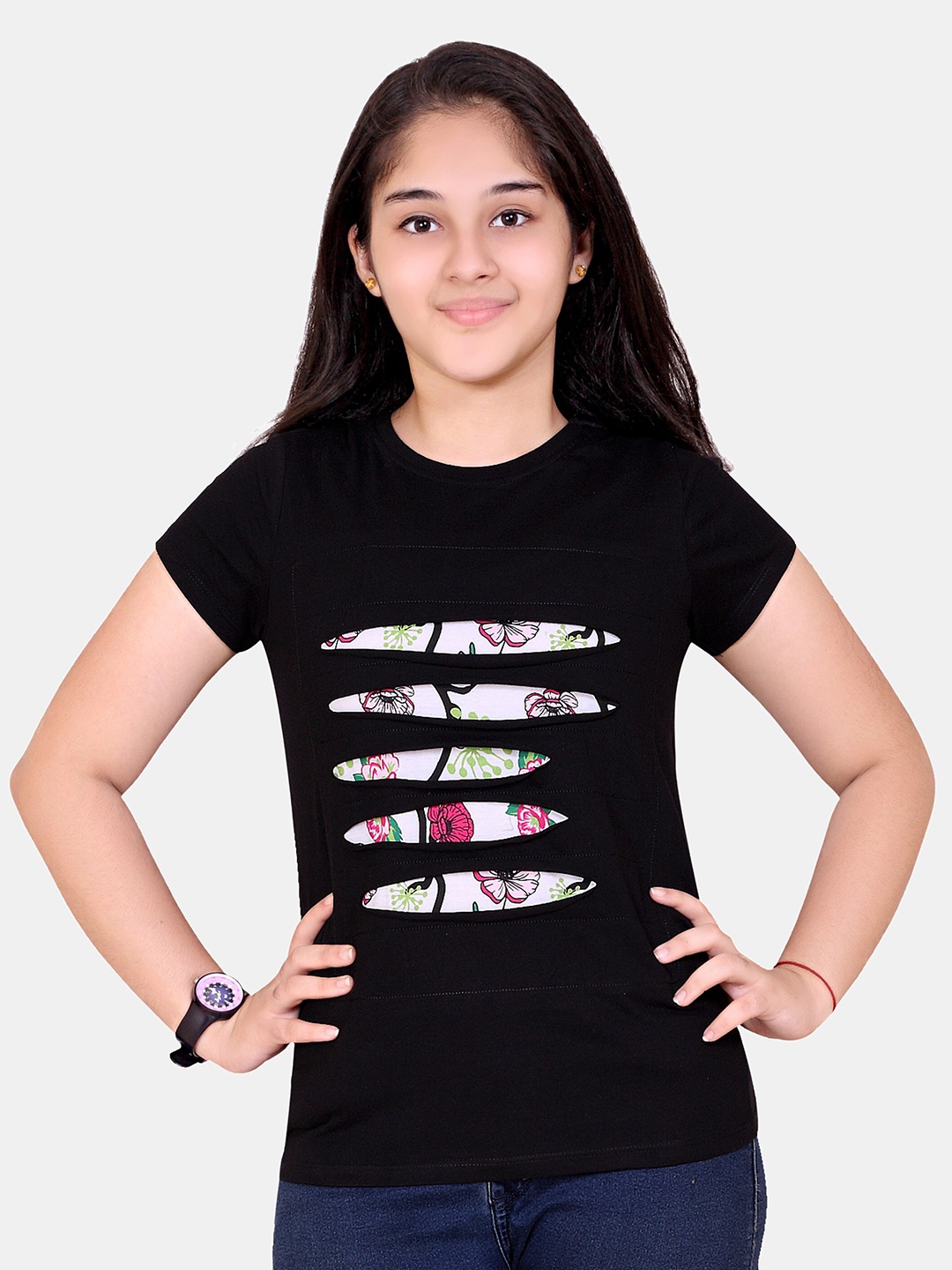 

BAESD Girls Cotton Graphic Printed Monochrome Cut Outs Slim Fit T-shirt, Black