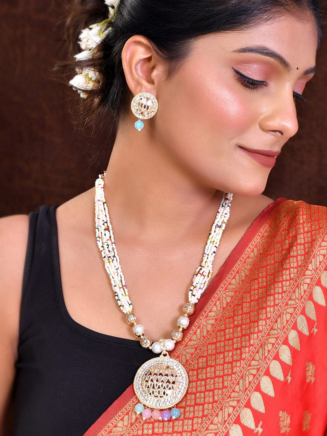 

VOJ Gold-Plated Stainless Steel Kundan-Studded & Pearls Beaded Jewellery Set