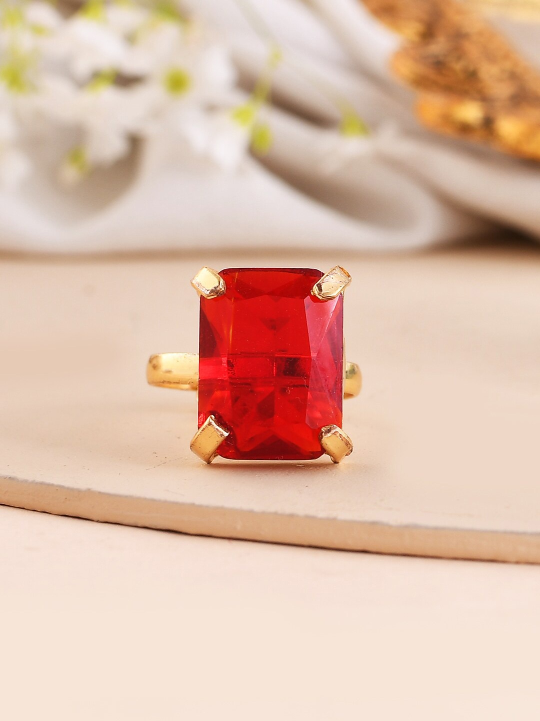 

VOJ Gold-Plated Stone-Studded Adjustable Finger Ring