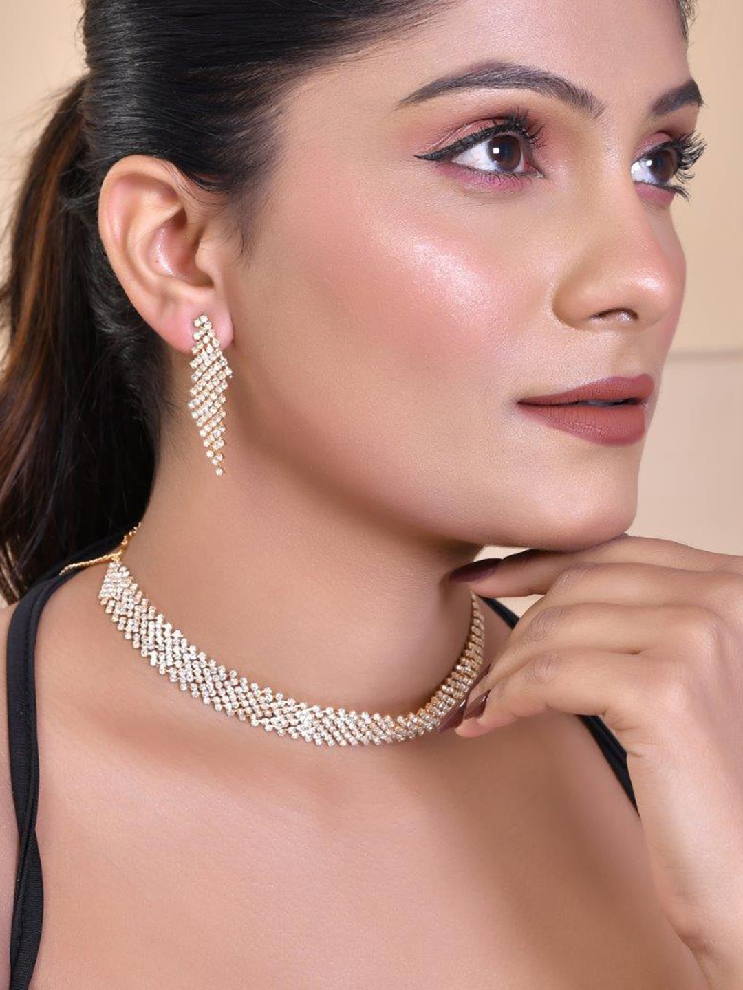 

VOJ Gold-Plated Stainless Steel American Diamond-Studded Jewellery Set