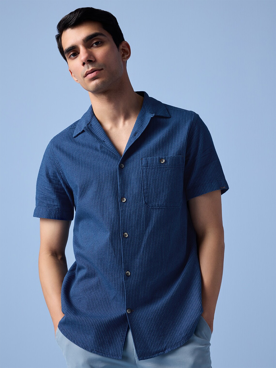 

Andamen Men Premium Slim Fit Dobby Half Sleeve Resort Collar Shirt, Blue