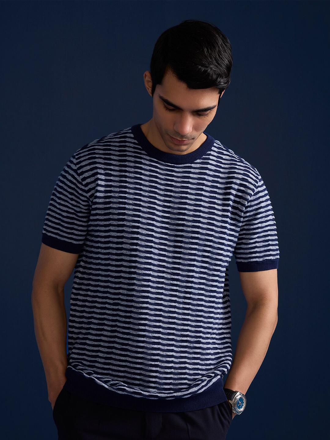 

Andamen Striped Monochrome Round Neck Cotton T-shirt, Blue