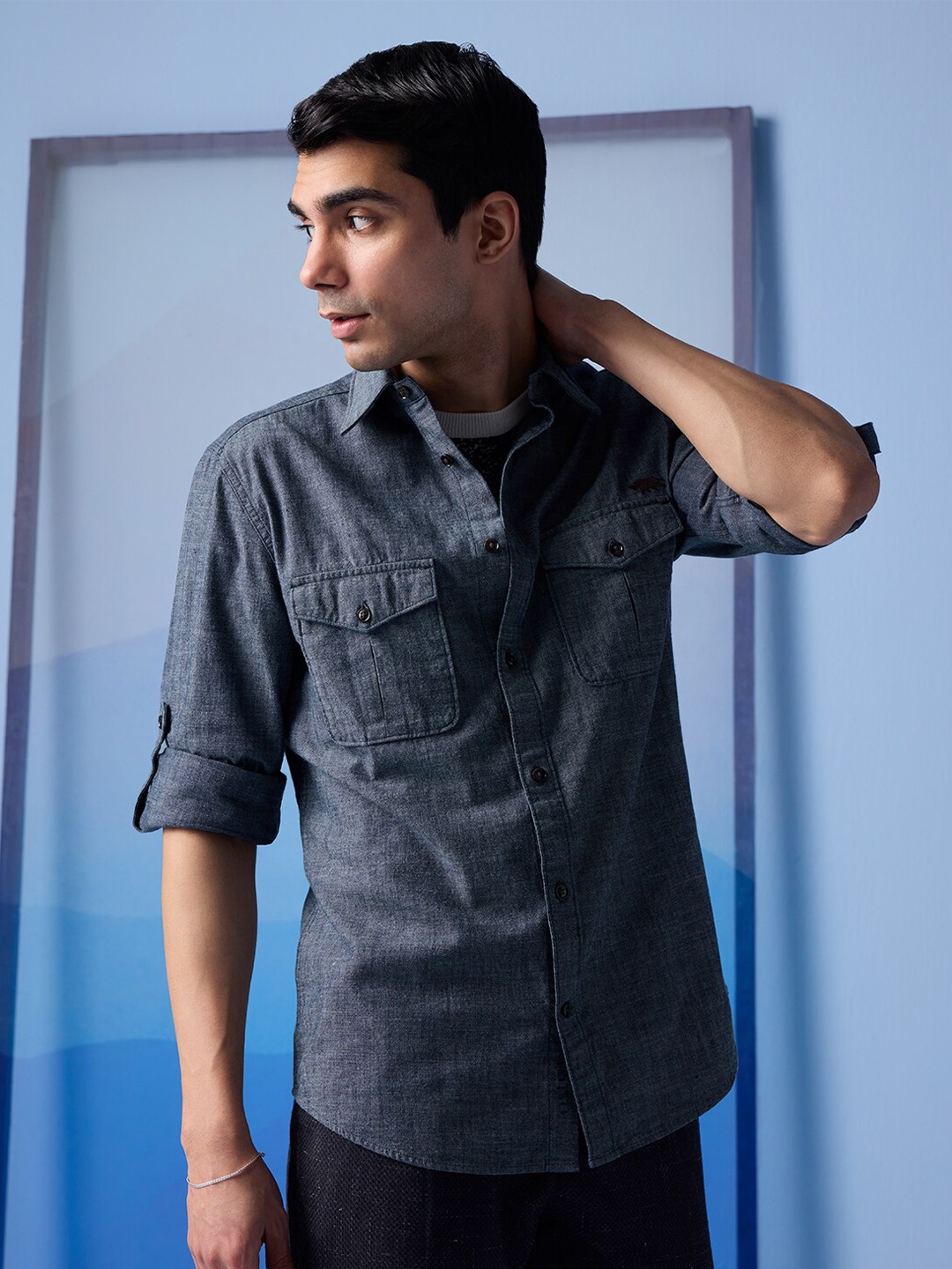 

Andamen Premium Full Sleeve Cotton Patch Pocket Shirt, Blue