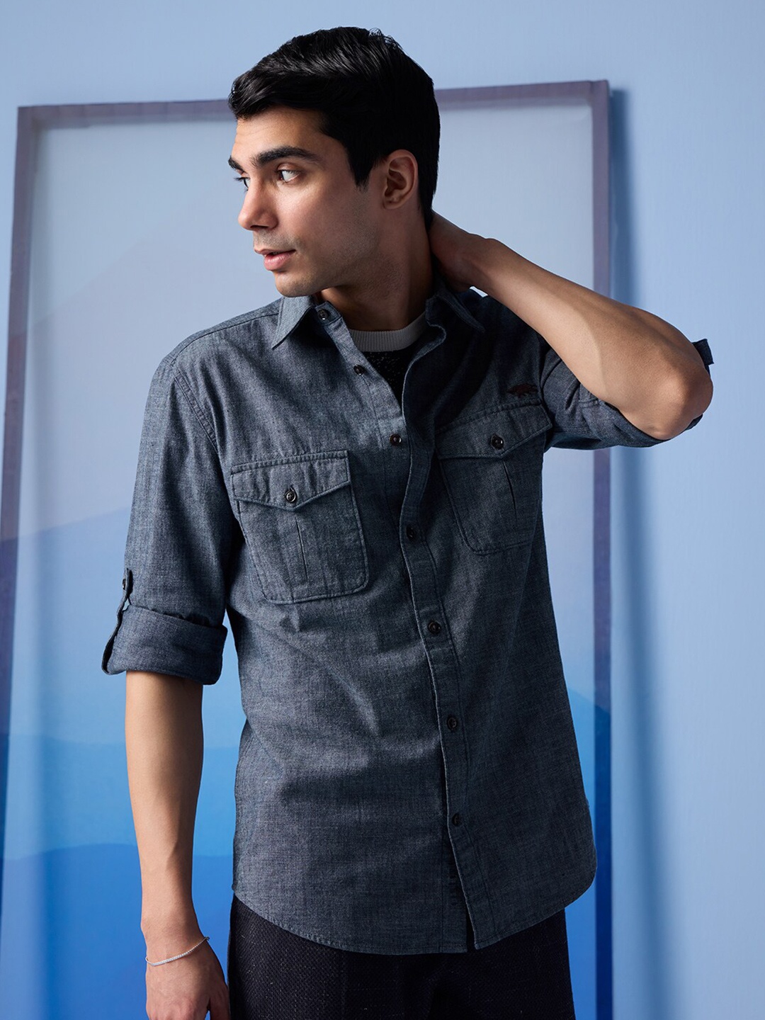 

Andamen Premium Full Sleeve Cotton Patch Pocket Slim Fit Cotton Casual Shirt, Blue
