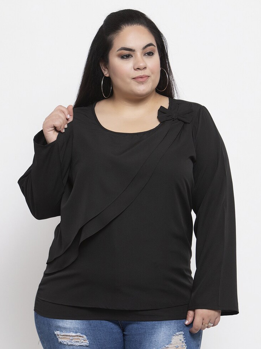 

Flambeur Plus Size Round Neck Long Sleeves Casual Top, Black