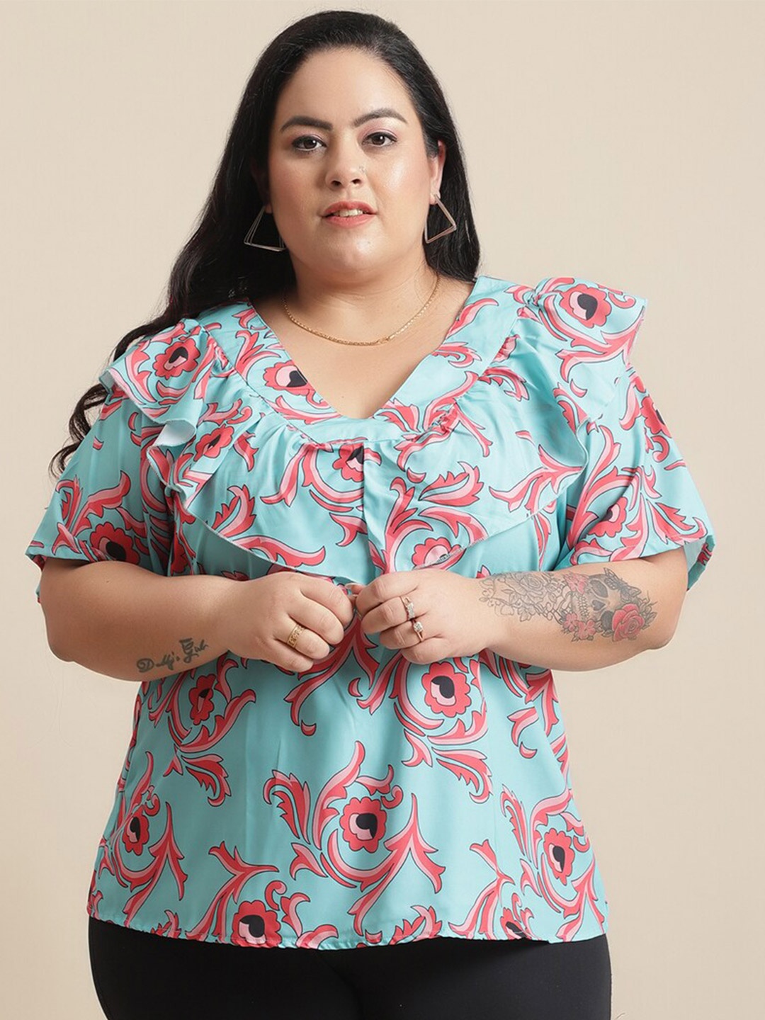 

Flambeur Plus Size Floral Printed V-Neck Ruffled Casual Top, Blue