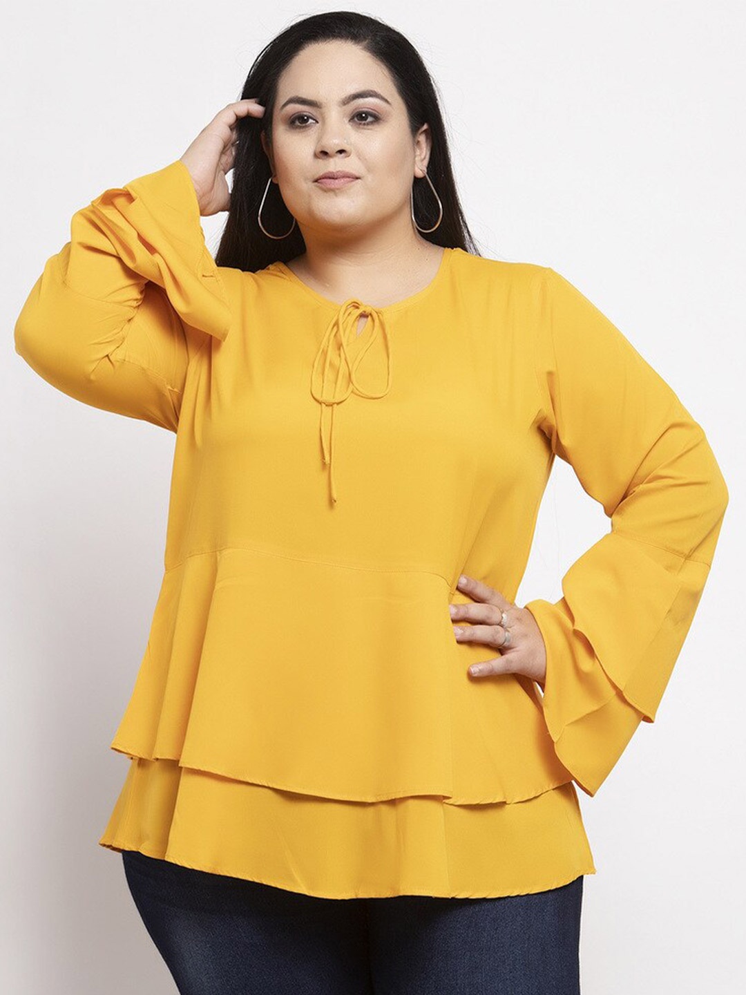 

Flambeur Plus Size Tie-Up Neck Flared Sleeves A Line Casual Top, Mustard