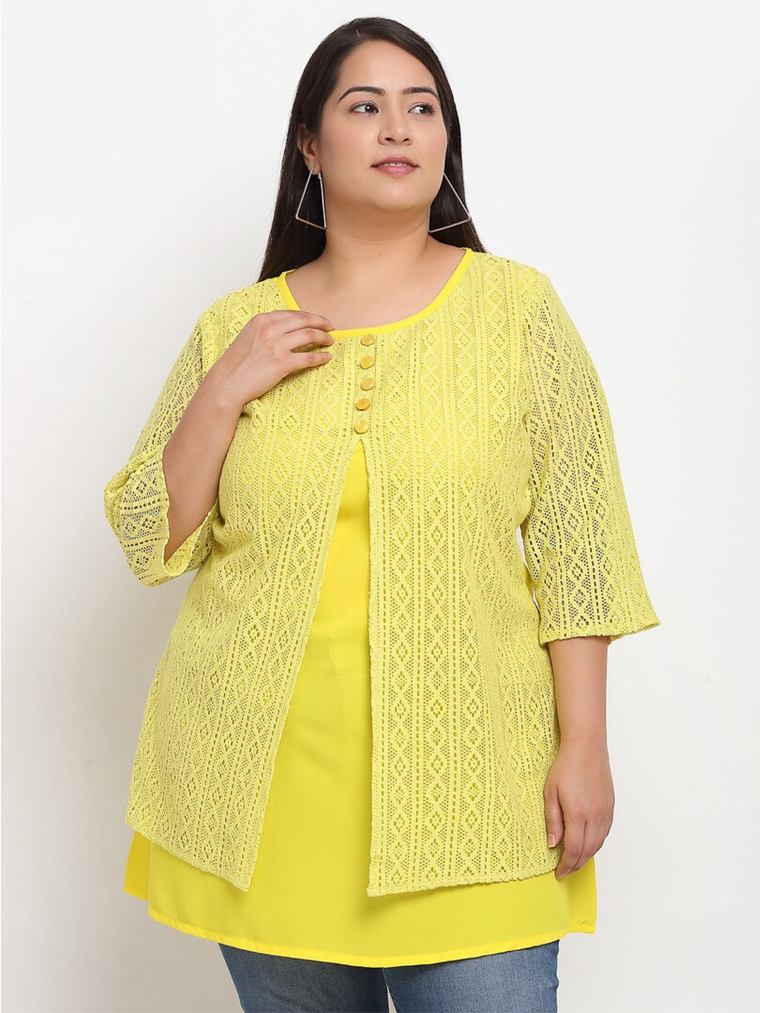 

Flambeur Plus Size Self Design Round Neck A Line Top, Yellow