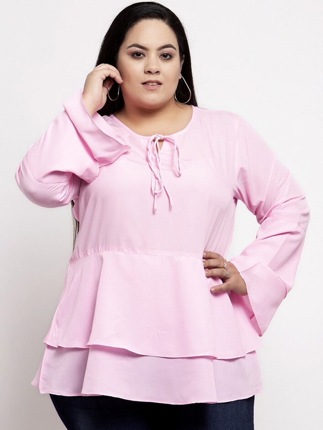 

Flambeur Tie-Up Neck Bell Sleeve Crepe Peplum Top, Pink