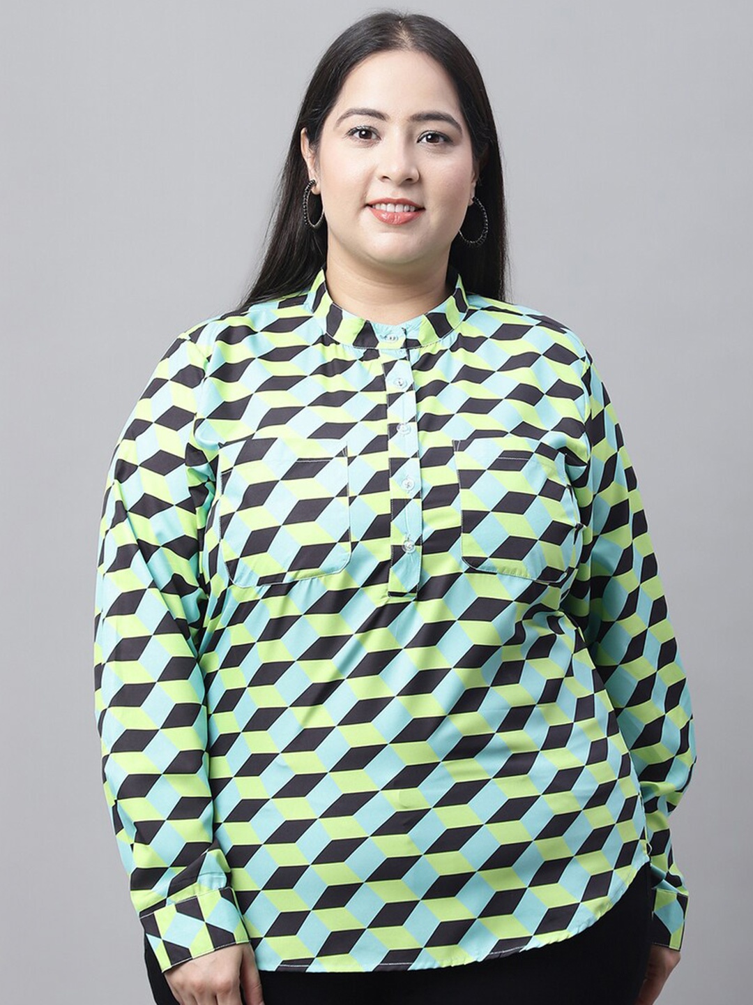 

Flambeur Geometric Print Mandarin Collar Crepe Shirt Style Top, Green
