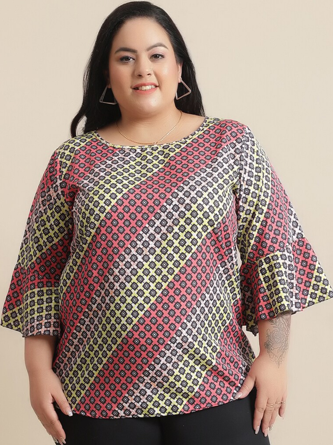

Flambeur Geometric Print Flared Sleeve Crepe Top, Green