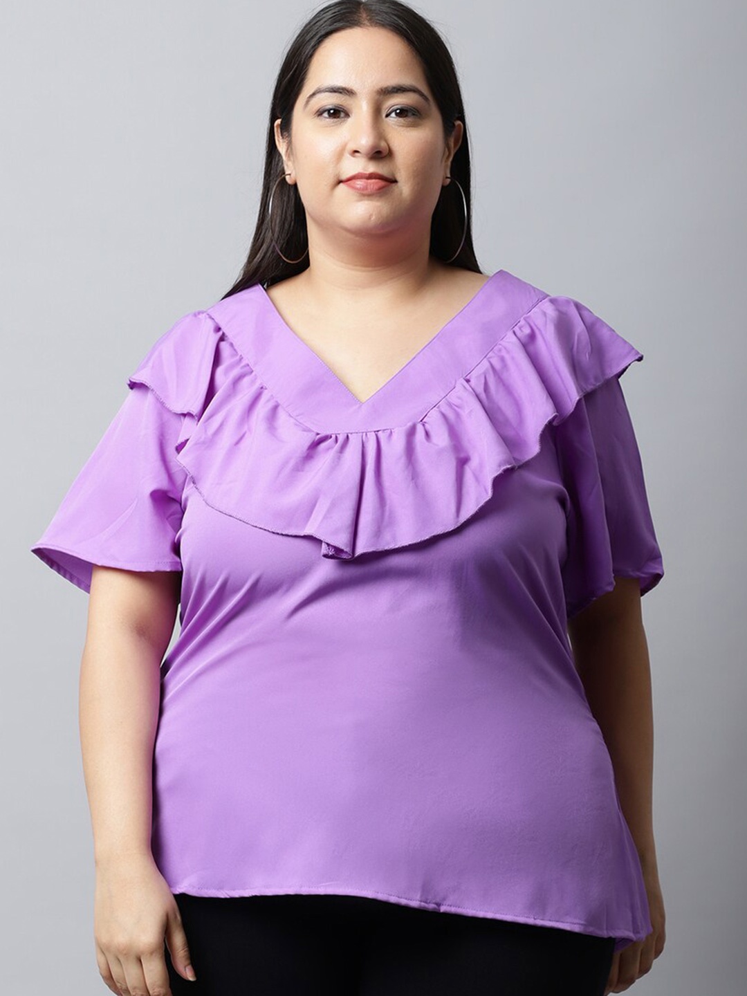 

Flambeur Short Sleeves V-Neck Crepe Top, Purple