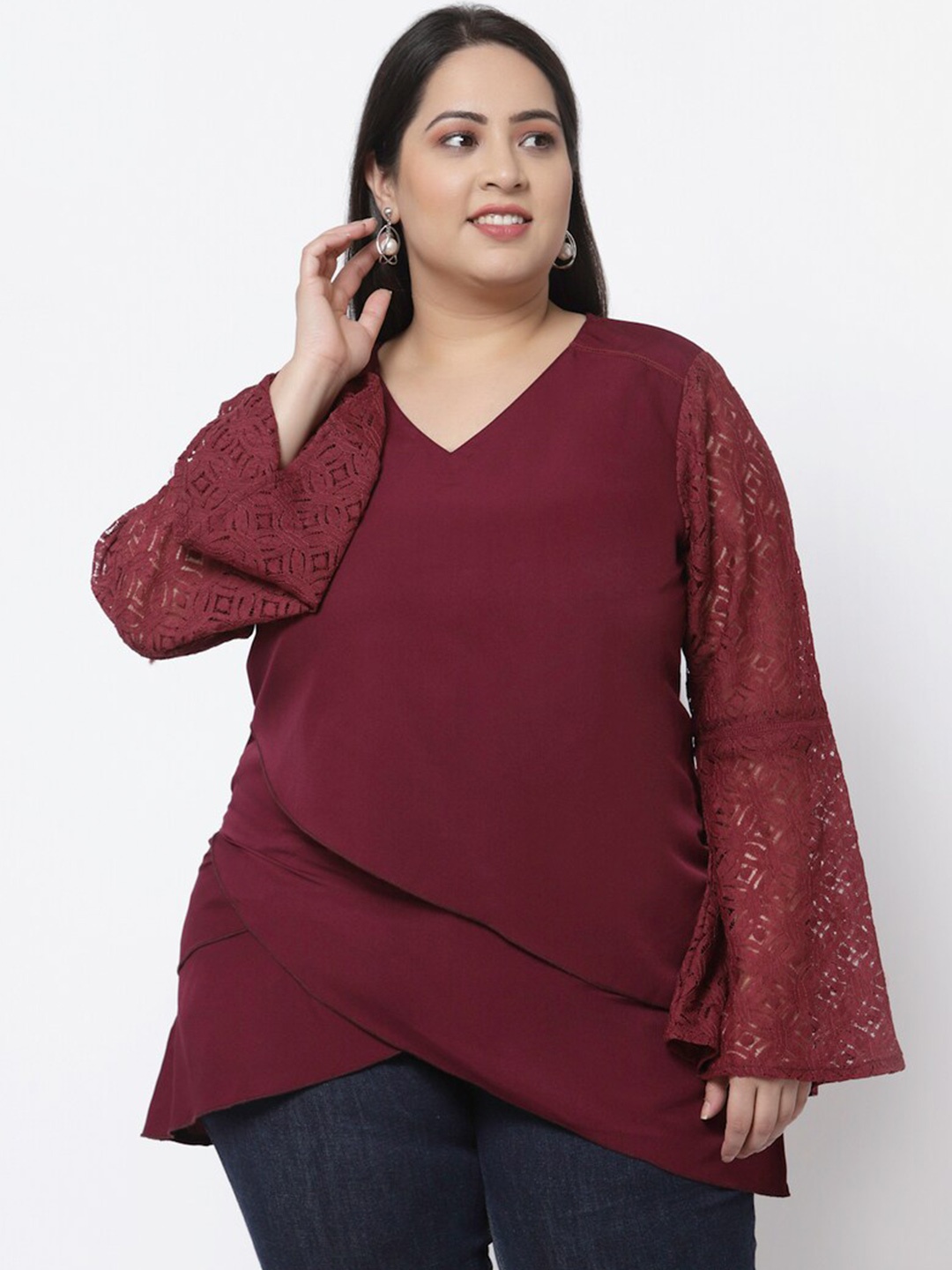 

Flambeur Bell Sleeve Crepe Wrap Top, Maroon