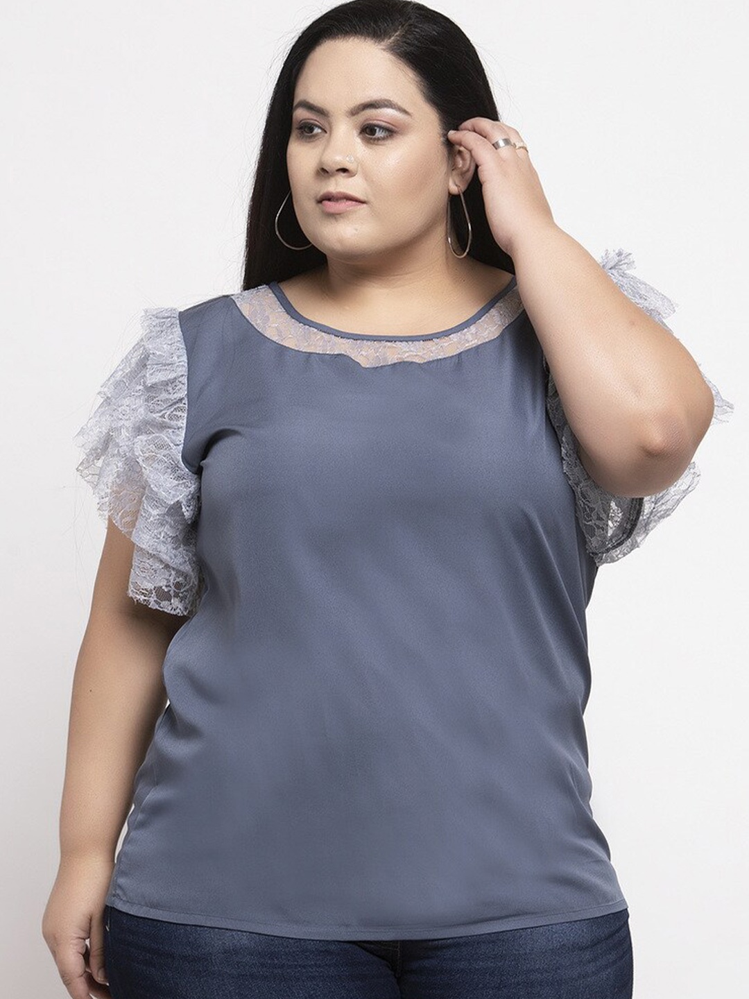 

Flambeur Flutter Sleeve Round Neck Crepe Top, Grey