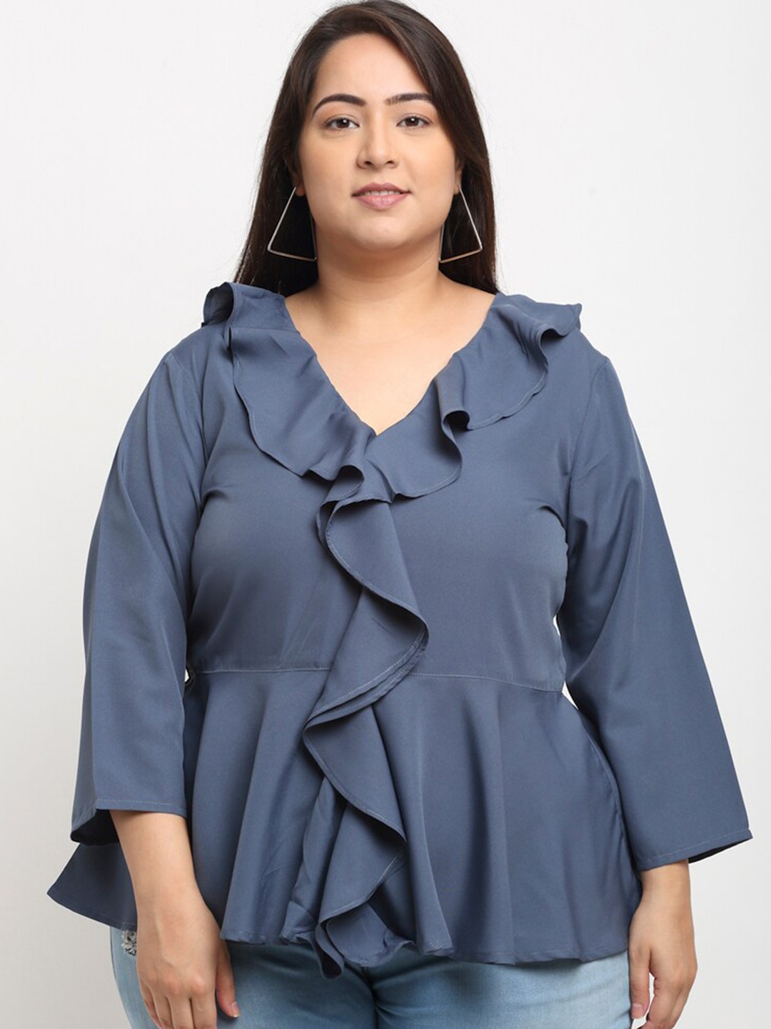 

Flambeur Plus Size V-Neck Ruffled Crepe Peplum Top, Grey