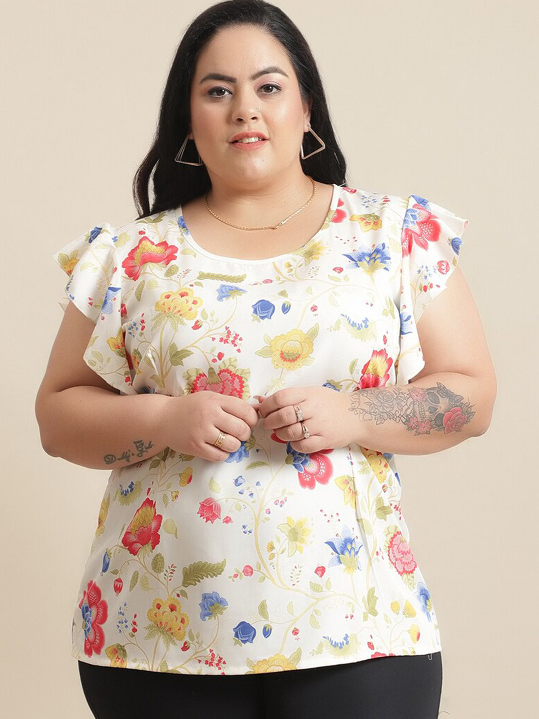 

Flambeur Plus Size Floral Printed Flutter Sleeves Top, White